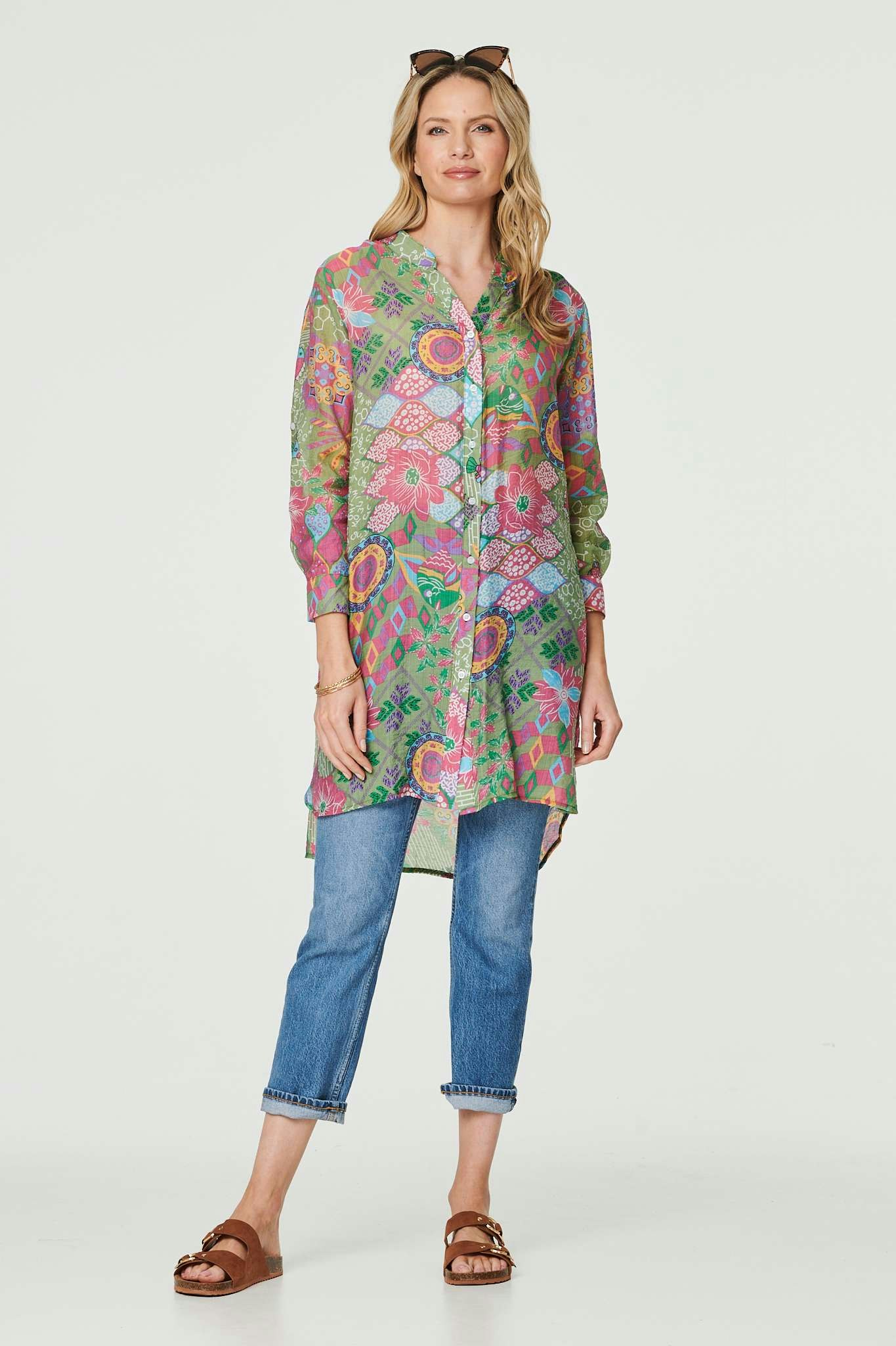 Izabel London Green Printed Semi Sheer Longline Blouse - 18