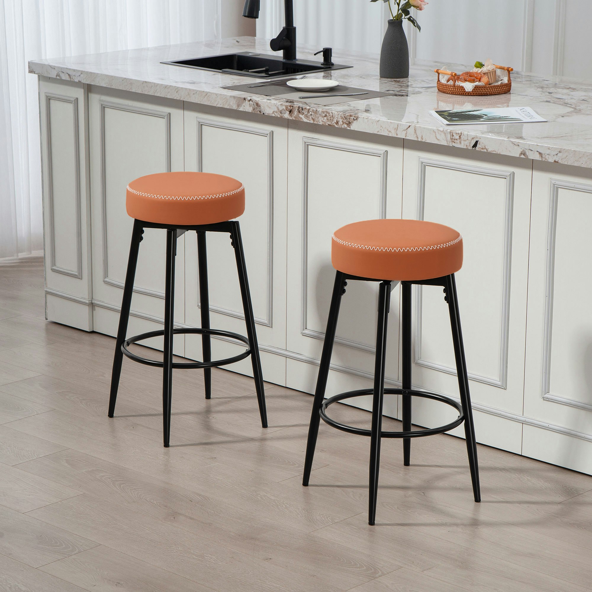 Homcom Brown Swivel Bar Stools Set Of 2, Pu Leather Barstools With Footrest