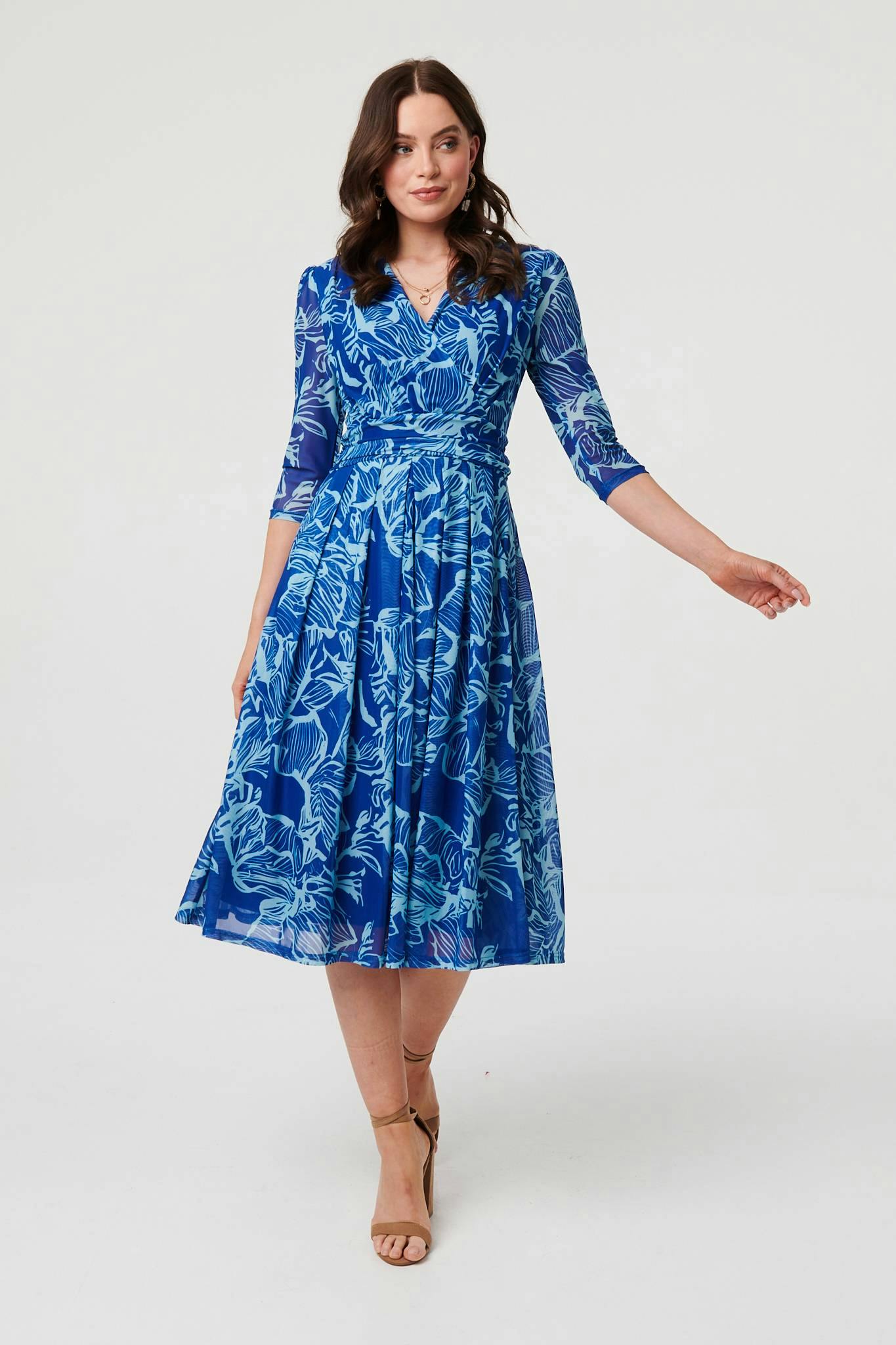 Izabel London Blue Leaf Print Mesh Layer Midi Wrap Dress - 18