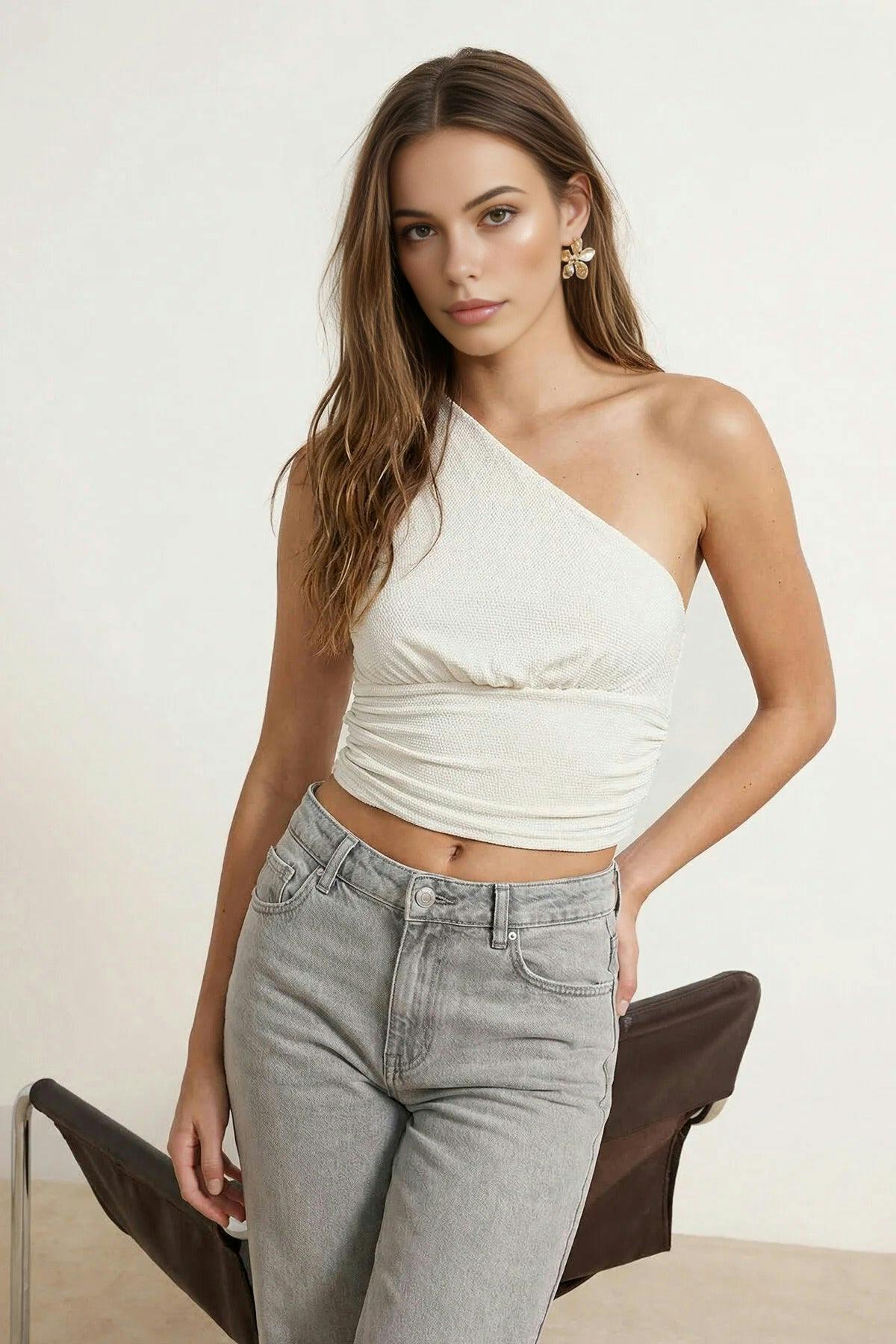 Wovcor Light Crop Lined Shimmering Knit Bustier - Ecru - 6