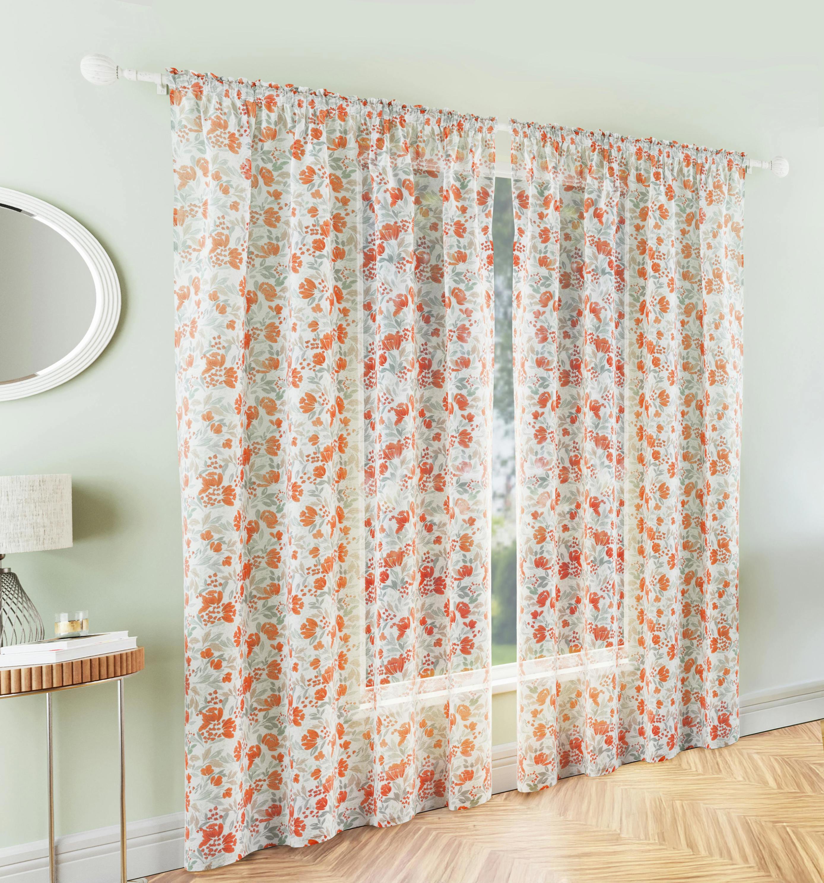 Rackhams Orange Mia' Floral Print Voile Panels Pair With Rod Pocket Header - Burnt - 55" (140Cm) Width X 54" (137Cm) Drop