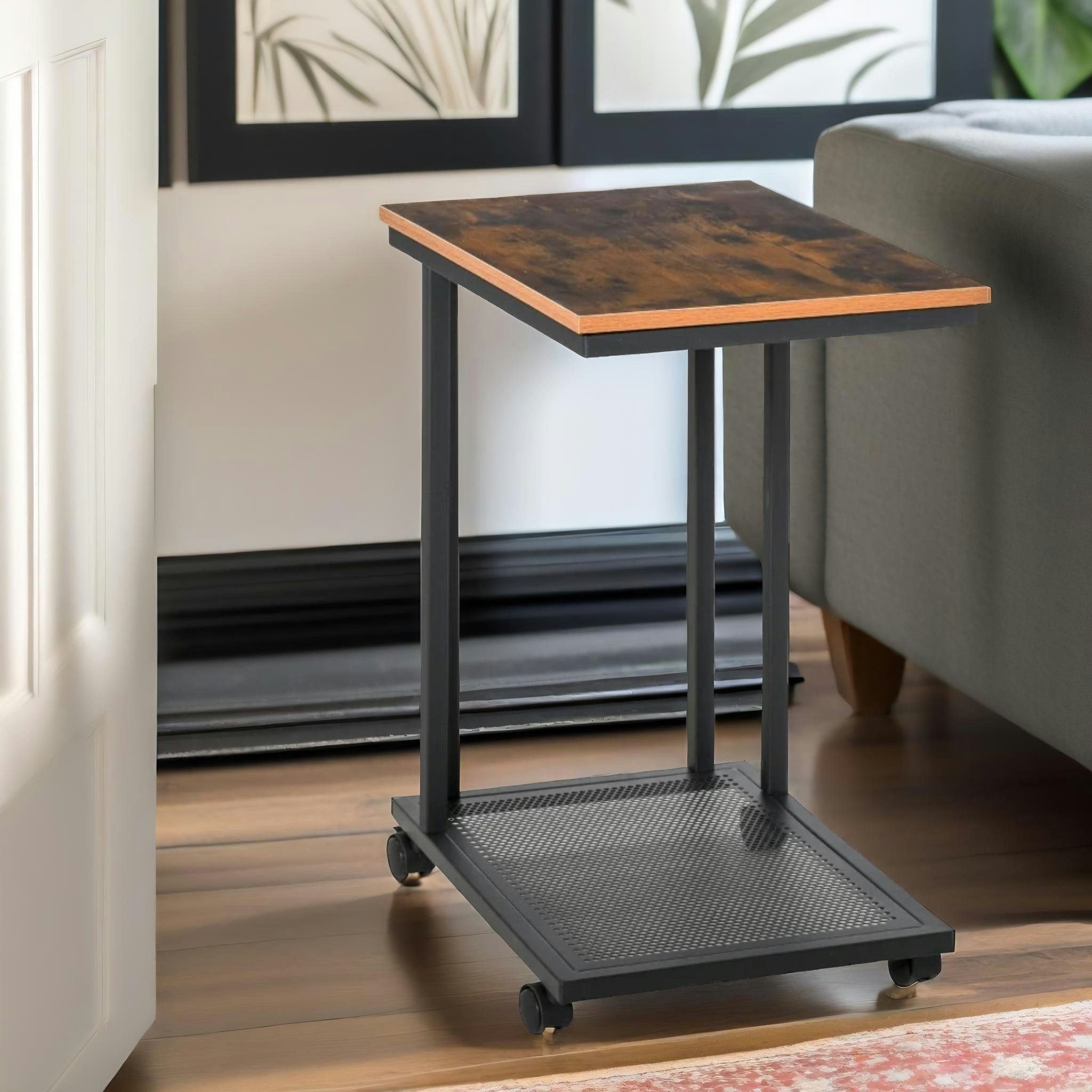 Rackhams Brown Industrial C Shaped Side Table With Mesh Shelf & Wheels