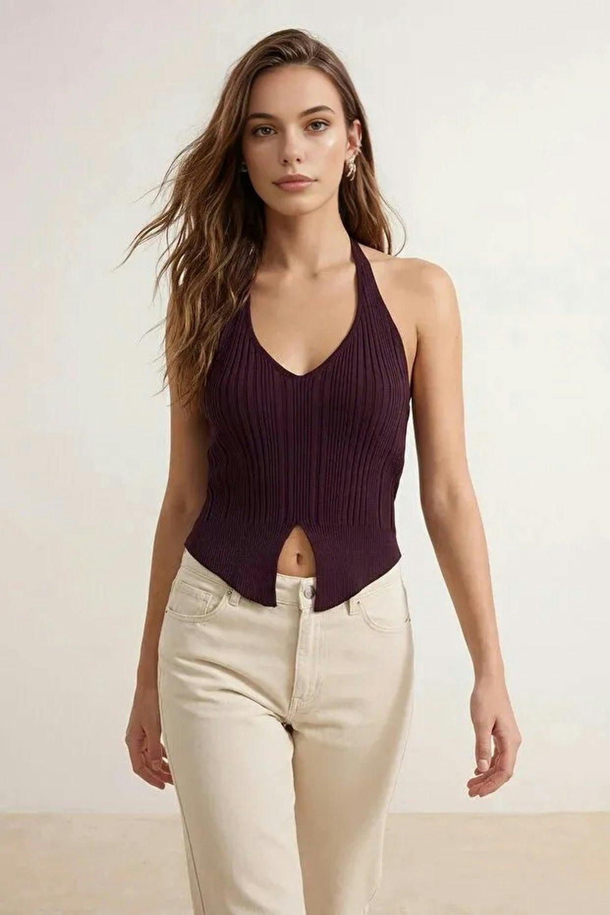 Wovcor Halter Neck Thin Knit Blouse - Plum - M