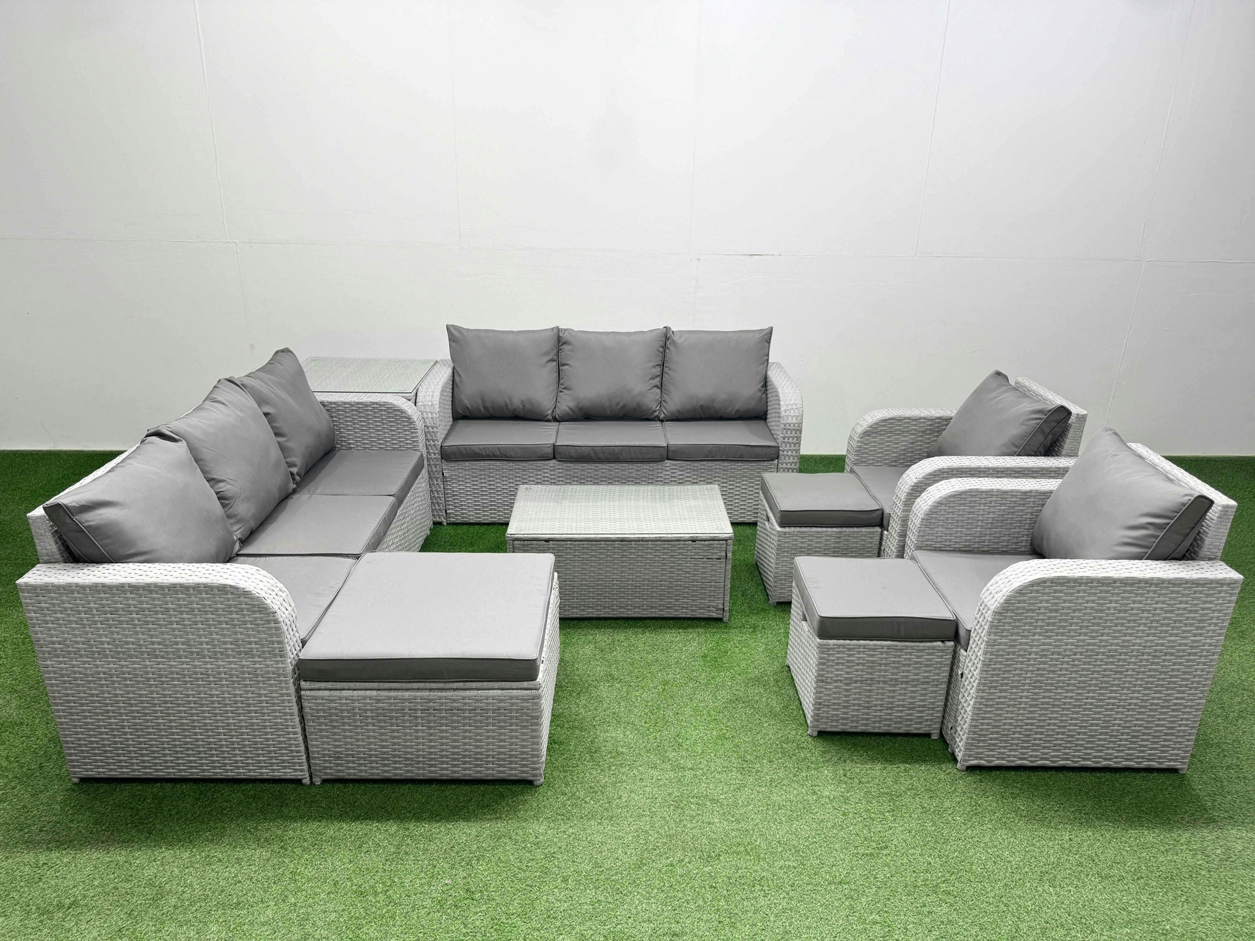 Rackhams Light/Grey Pe Rattan High Back Lounge Sofa Set Patio Coffee Table & Chairs Set With 3 Seater Sofa Reclining Chair 3 Stools Side Table