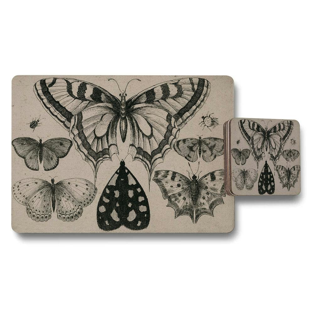 Rackhams Beige Butterfly Sketch Placemats And Coaster Set Vintage Background