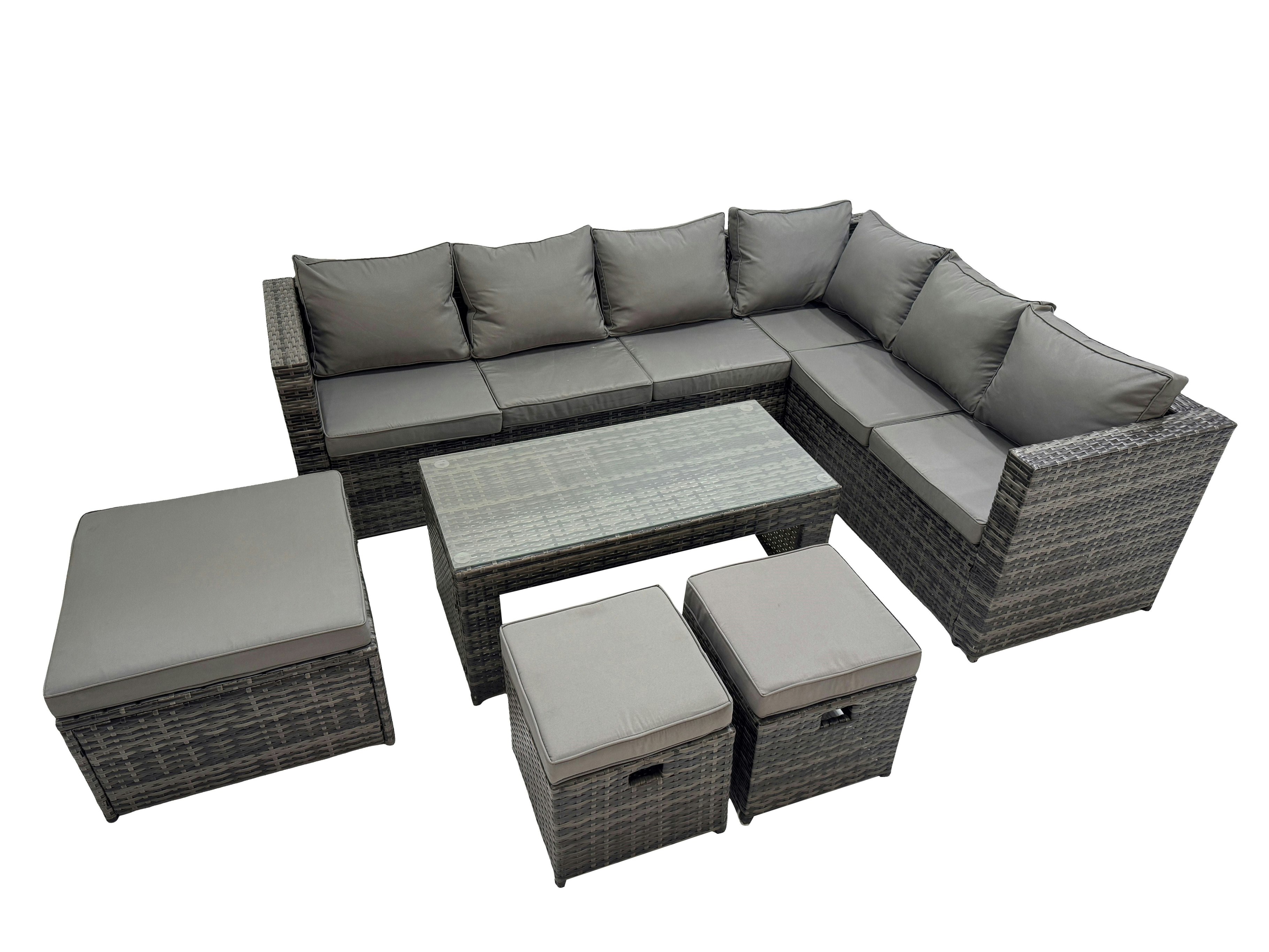 Fimous Dark/Grey Outdoor Rattan Oblong Coffee Table Corner Sofa Sets Garden Furniture Set With 3 Stools Mixed