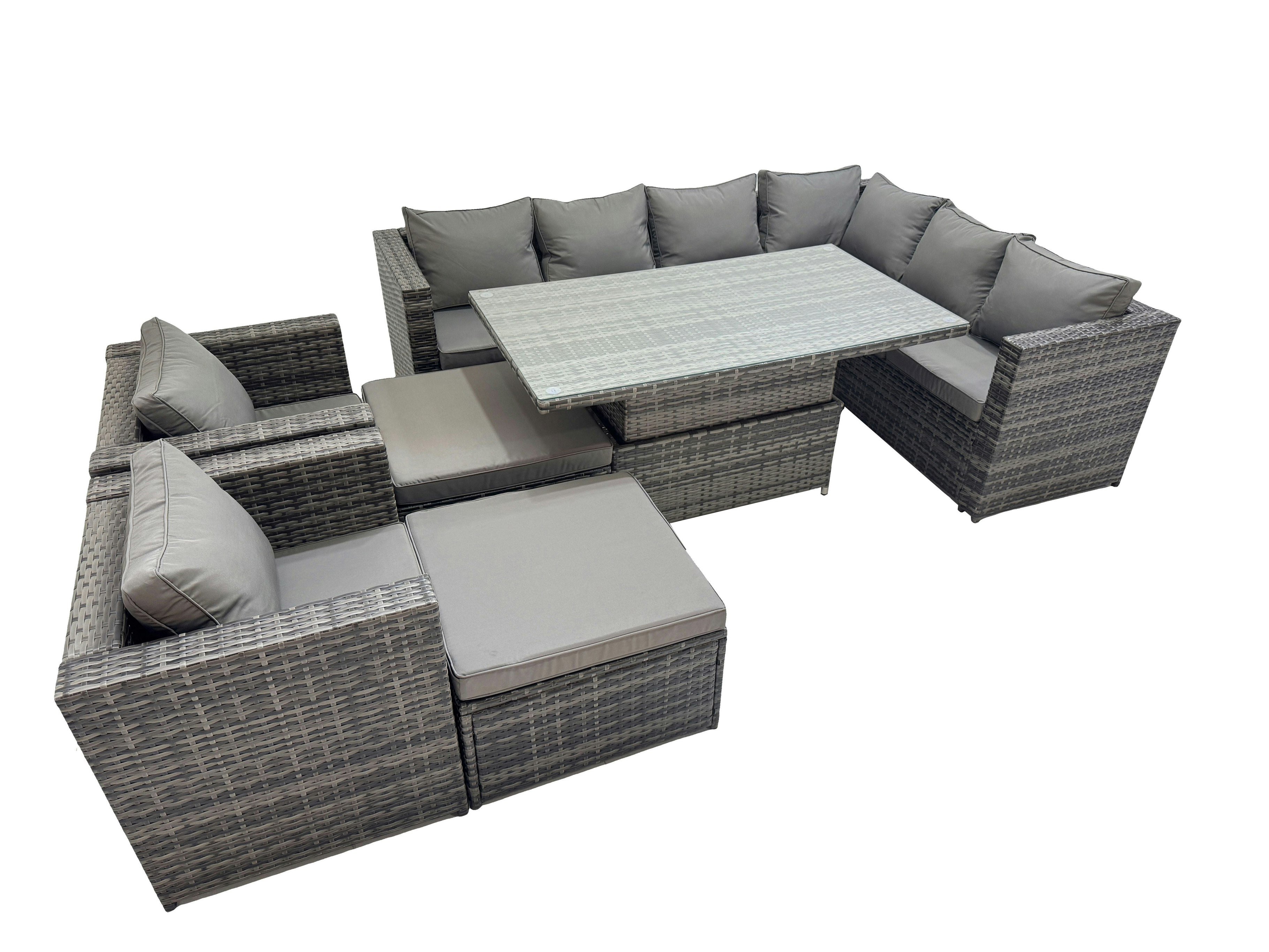 Rackhams Dark/Grey 10 Seater Rattan Height Adjustable Rising Lifting Table Corner Sofa Sets With 2 Chairs 2 Big Stools Mixed