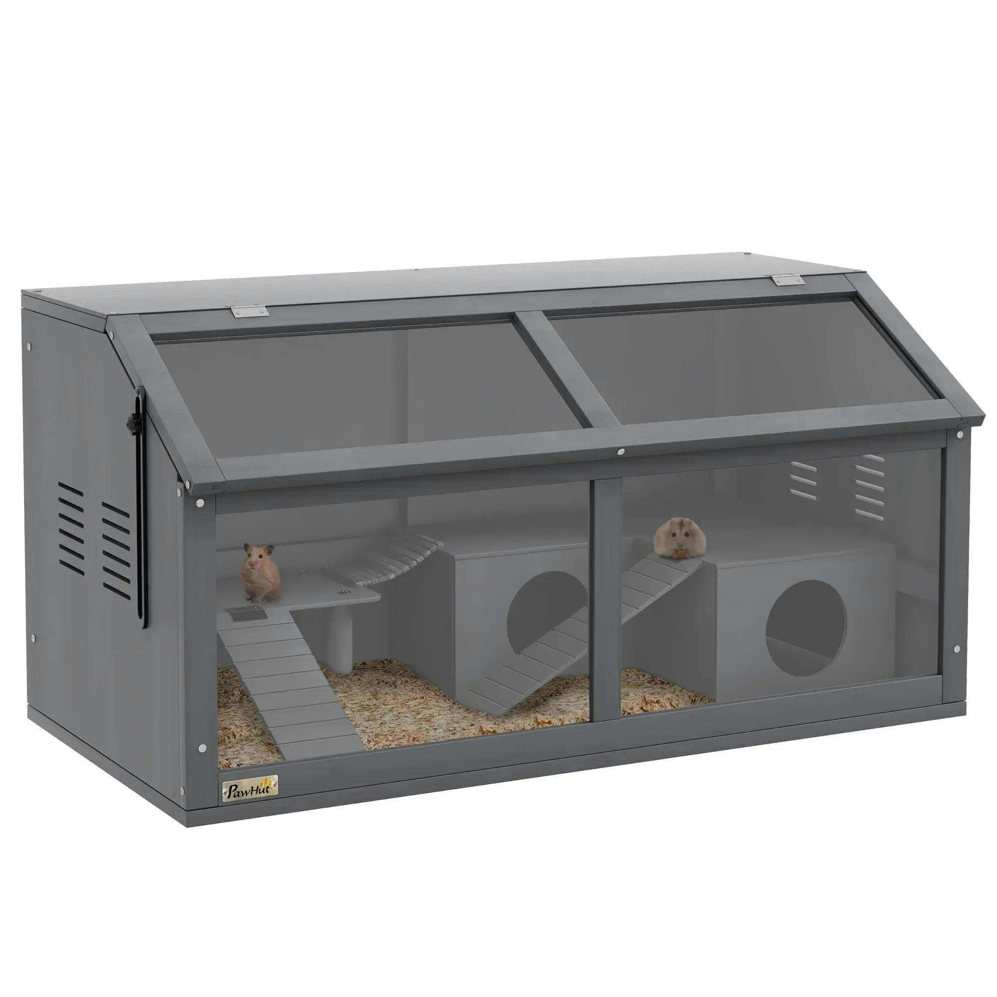 PawHut Wooden Small Pet Cage - Grey - Suspension Bridge, Ladders, Hut - Image 6