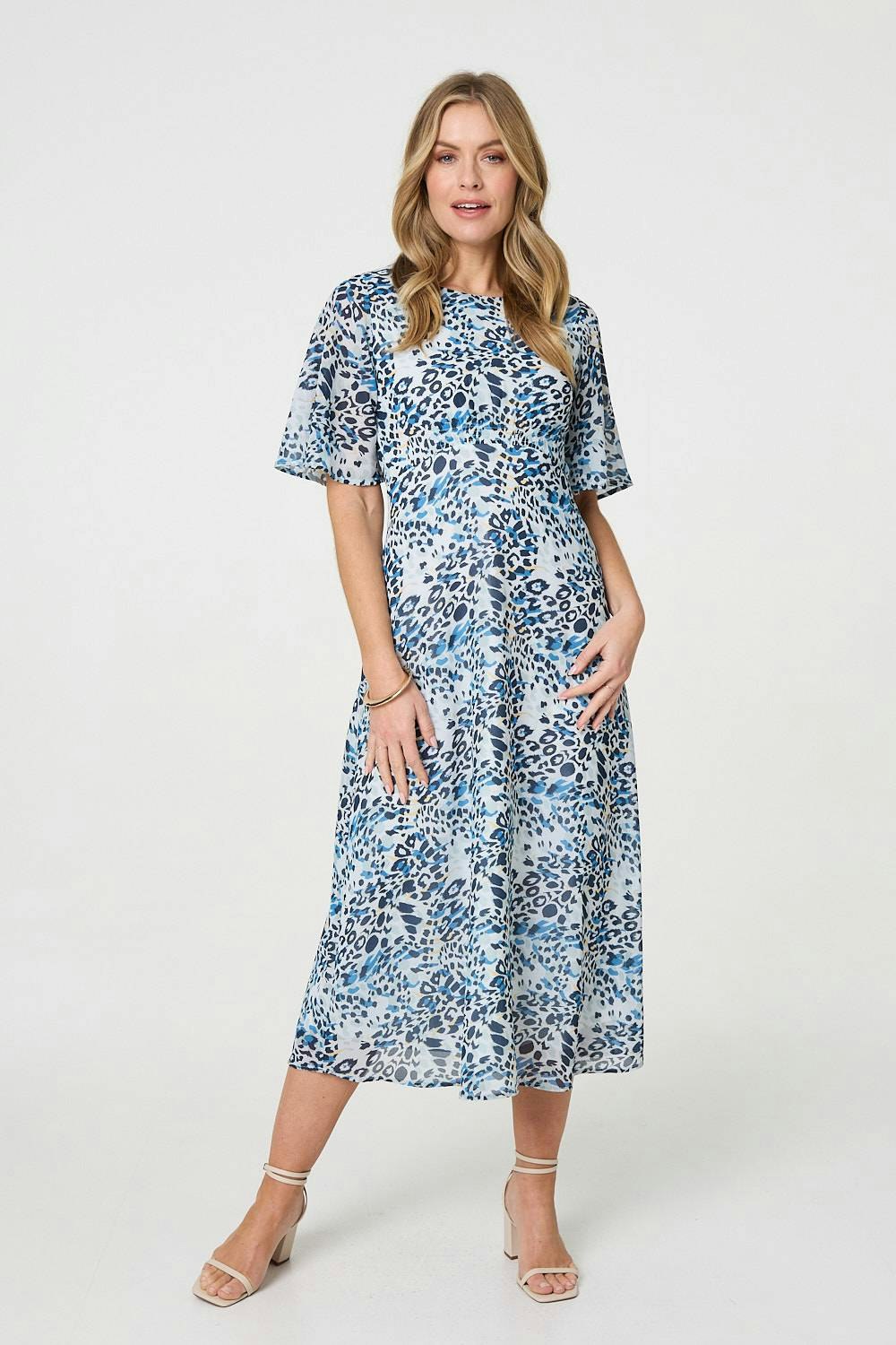 Izabel London Blue Animal Print Flared Sleeve Midi Dress - 8