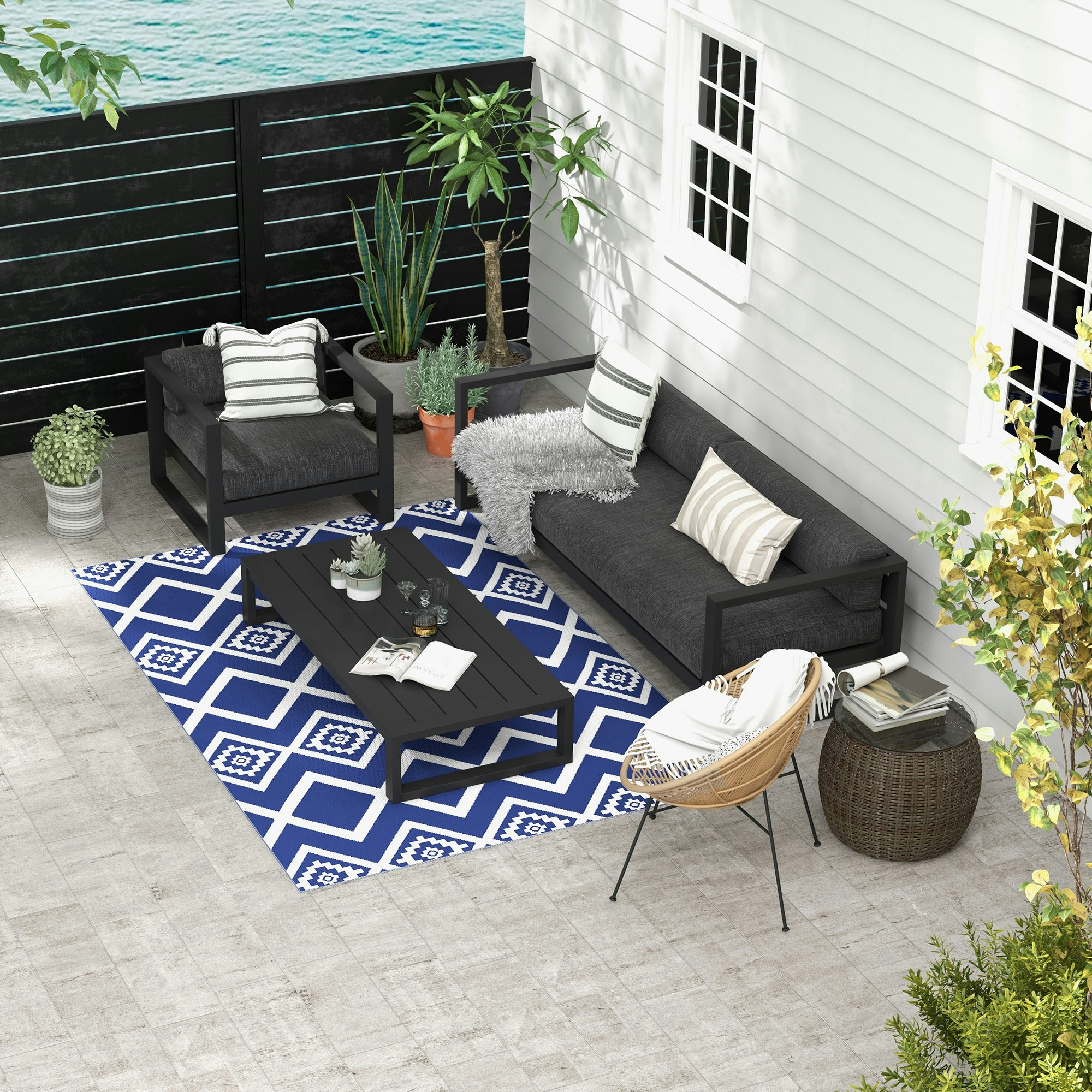 Rackhams Blue Reversible Waterproof Outdoor Rug W/ Carry Bag, 182 X 274Cm,
