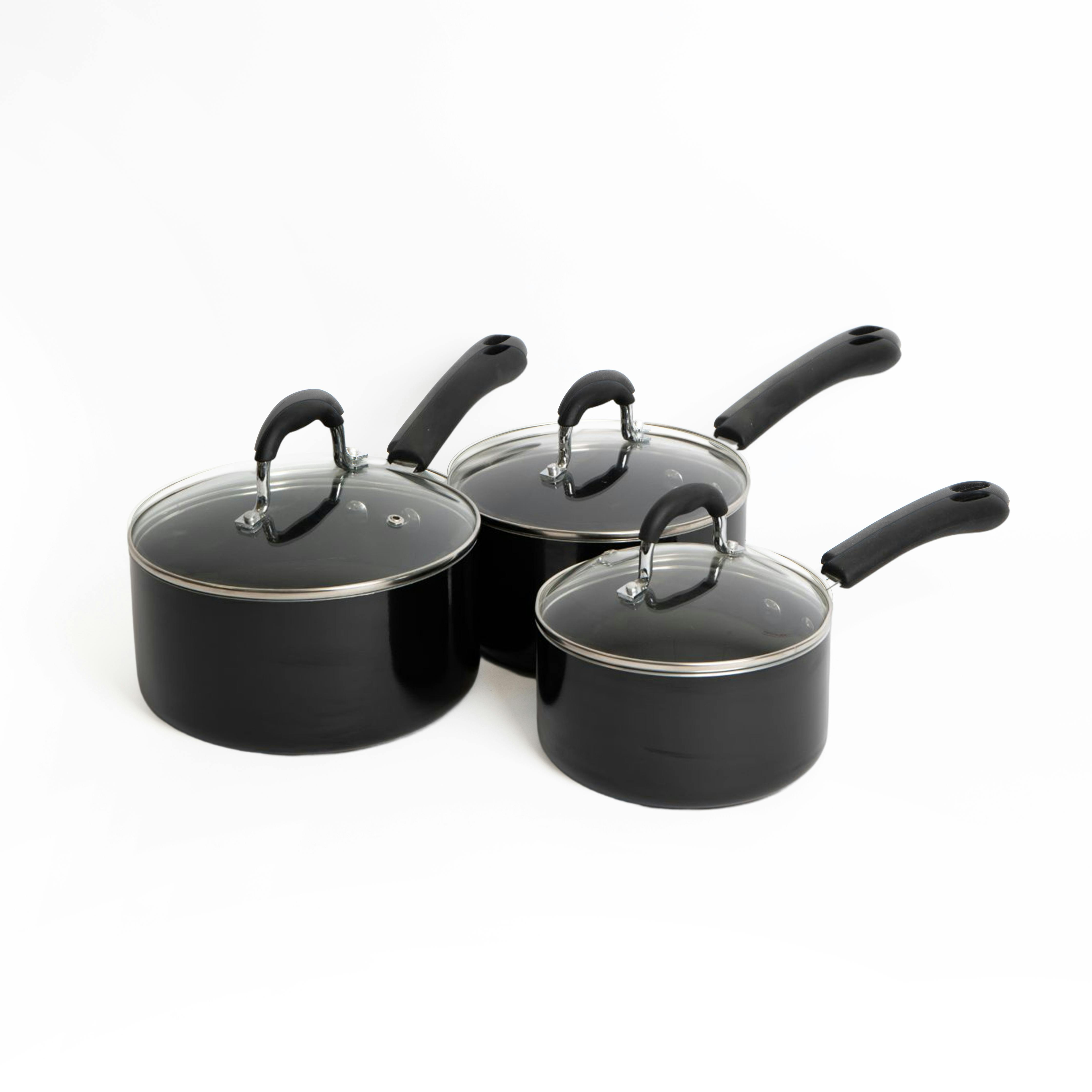 Rackhams Black 3Pc Heavy Duty Non-Stick Aluminium Saucepan Set, With 16Cm, 18Cm And 20Cm Saucepans With Lids - Aluminium - Saucepans