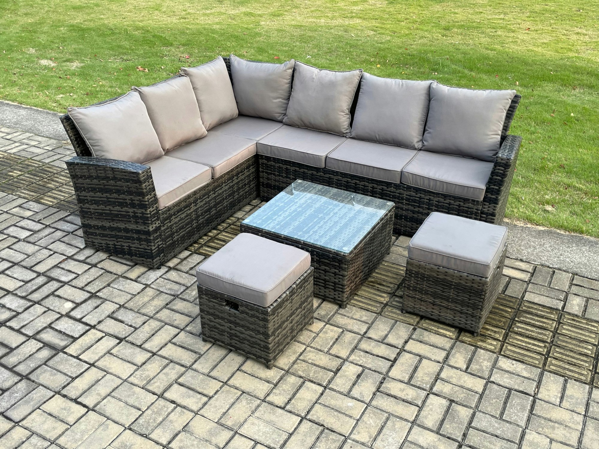 Fimous Dark/Grey 8 Seater Outdoor Furniture Garden Dining Set Rattan Corner Sofa Set With Square Coffee Table 2 Small Footstools Mixed