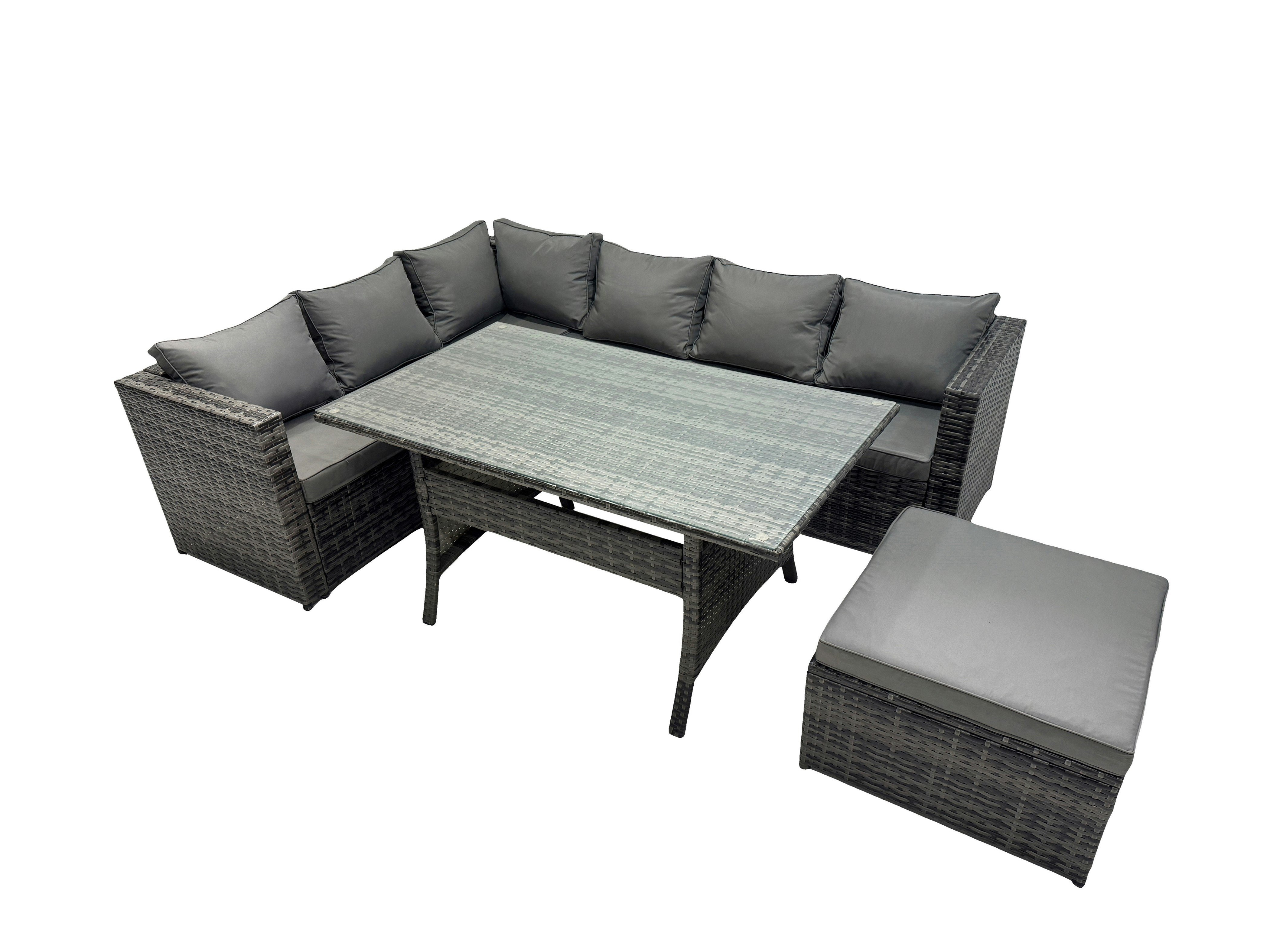 Fimous Dark/Grey Outdoor Pe Rattan Sofa Set With Dining Table Patio Garden Furniture Sets With Big Stool Mixed