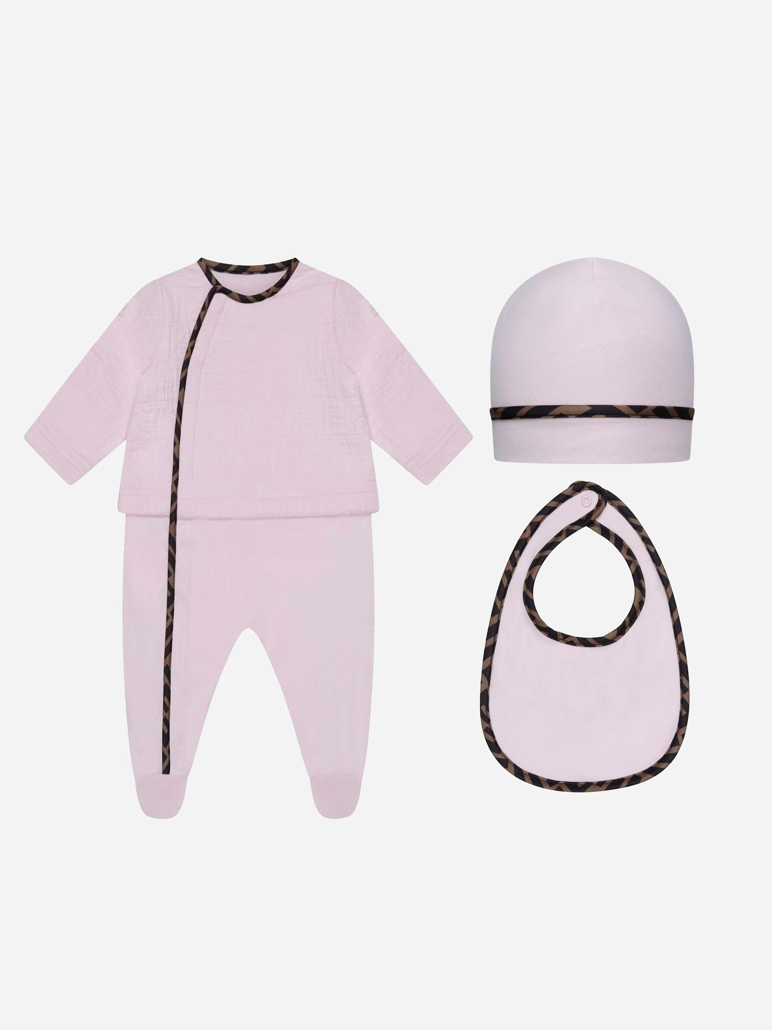 Fendi Kids Girls Pink Fendi Baby Cotton Babygrow Gift Set (3 Piece) In - 3 Mths