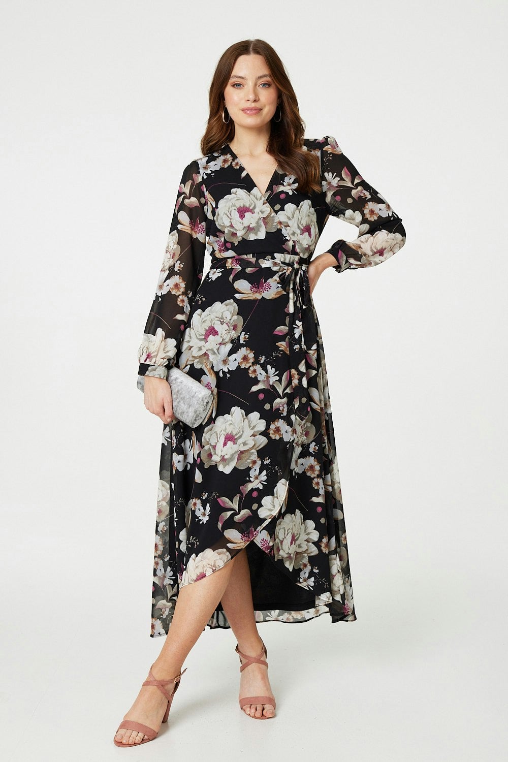 Izabel London Black Floral Long Sleeve Tie Waist Wrap Midi Dress - 12