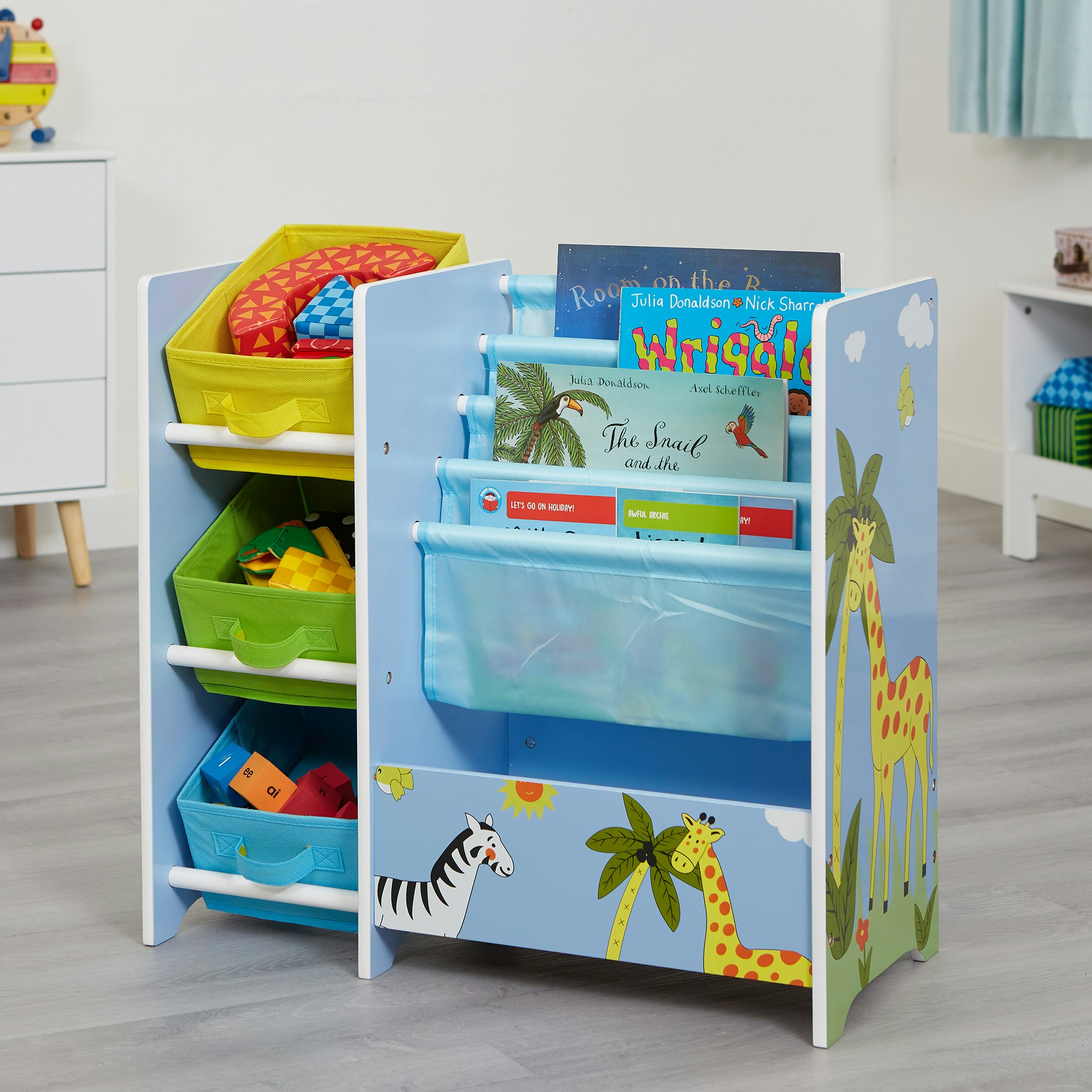 Liberty House Toys Blue Safari Book Display Unit With Fabric Storage Boxes