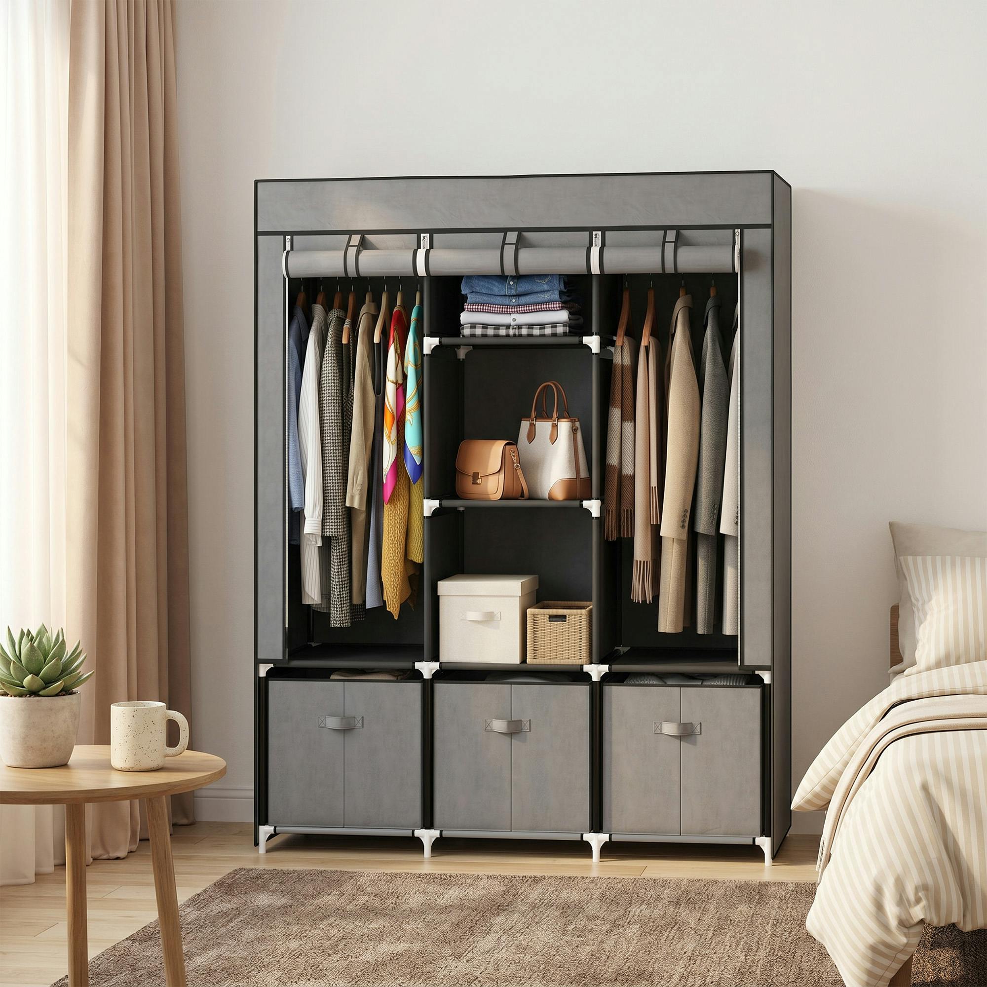 Homcom Portable Wardrobe W/5 Shelves 3 Fabric Drawers 2 Hanging Rails