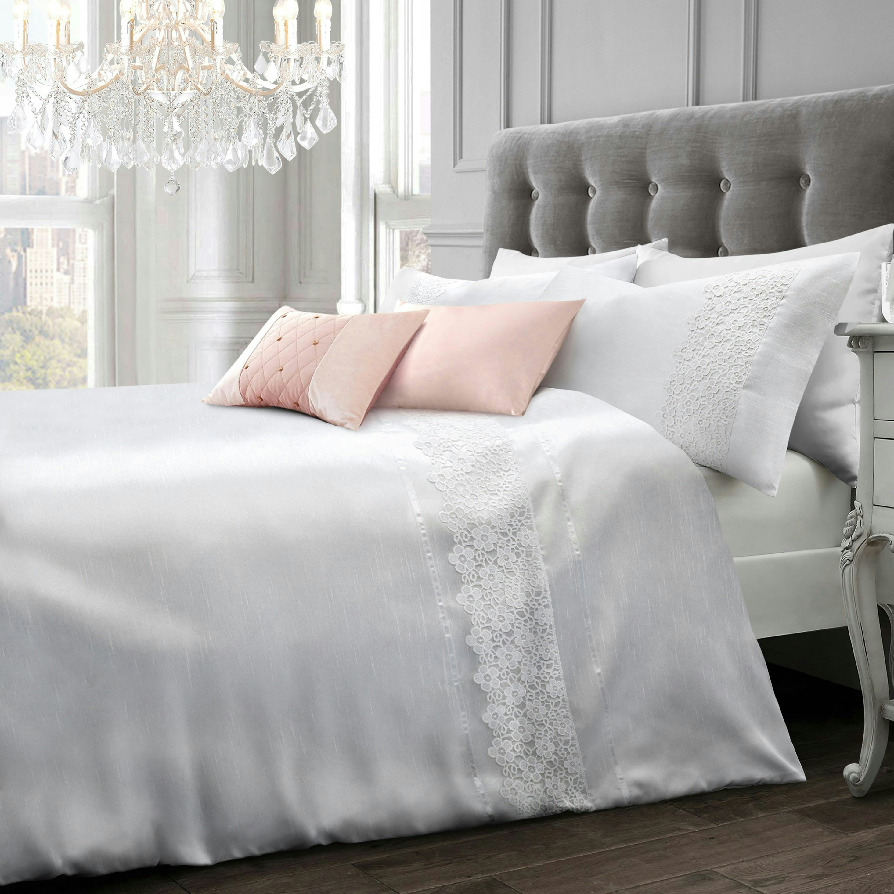 Intimates White Faux Silk Nouvelle Lace Duvet Cover & Pillowcase Set - King