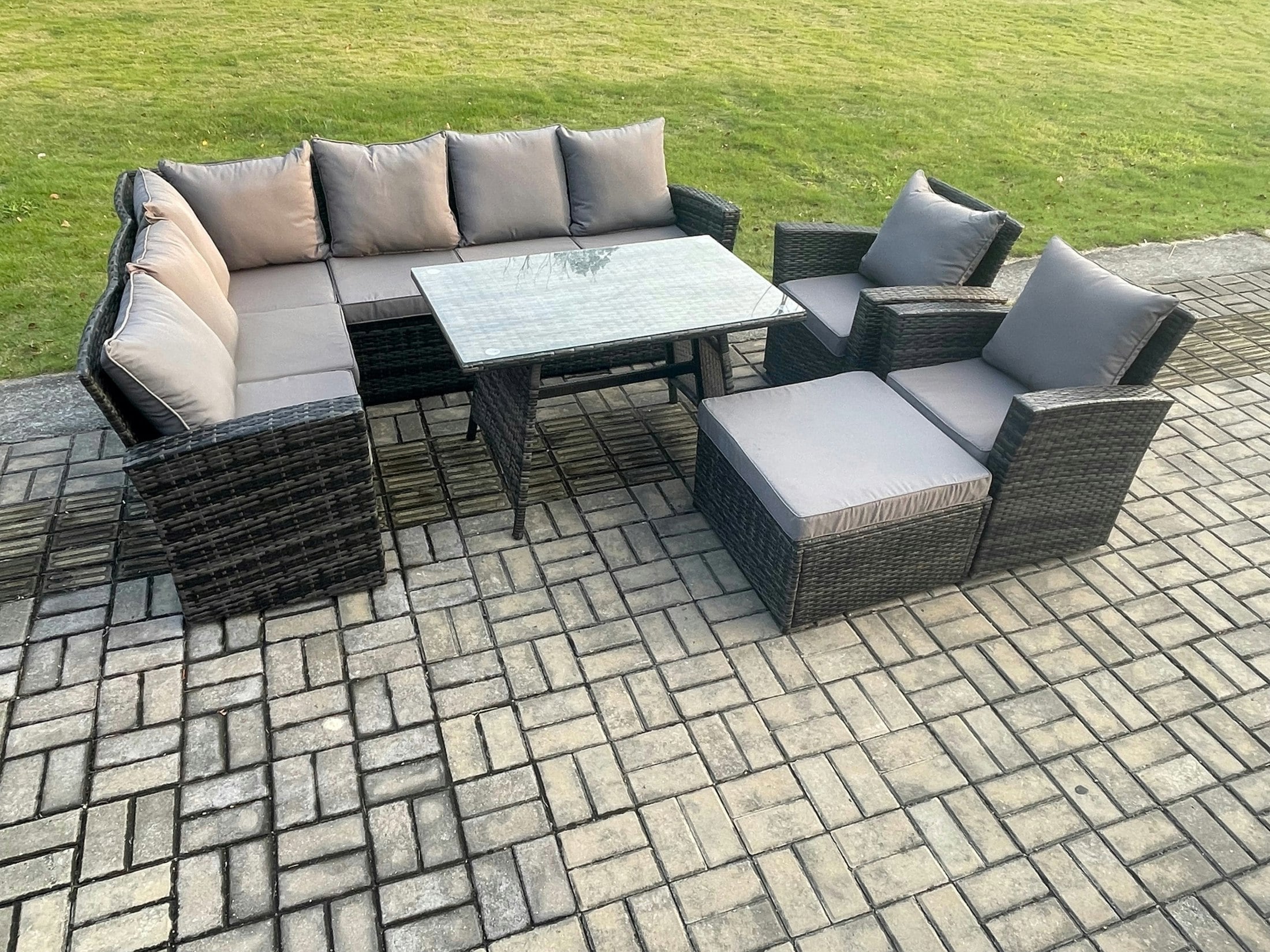 Rackhams Dark/Grey High Back Outdoor Garden Furniture Set Rattan Corner Sofa Dining Table Set With Big Footstool Armchair Mixed