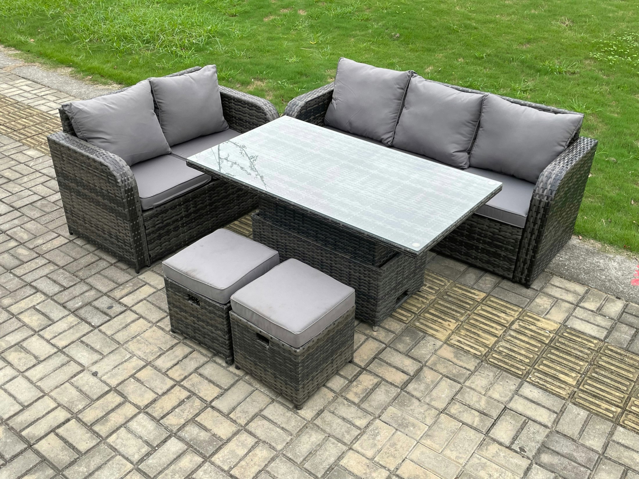 Fimous Dark/Grey Outdoor Rattan Garden Furniture Set - Mixed Height Adjustable Rising Lifting Dining Table Lounge Sofa Set With Love Sofa
