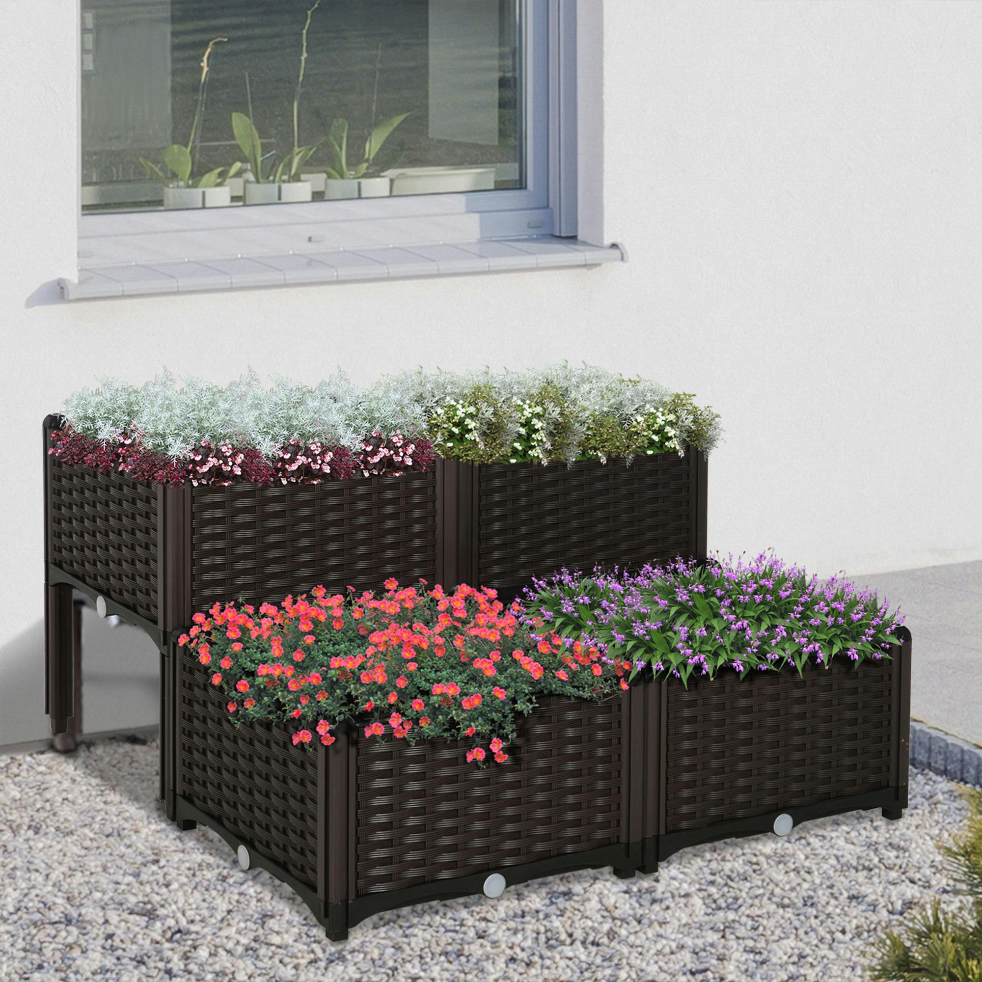 Outsunny Brown 2-Piece Elevated Flower Bed Vegetable Herb Planter Plastic, - 4 Pcs - Image 2