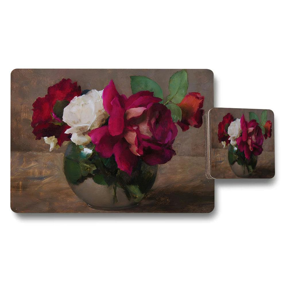 Rackhams Magenta/Ivory Roses In Vase Floral Placemats And Coasters Set Art Print