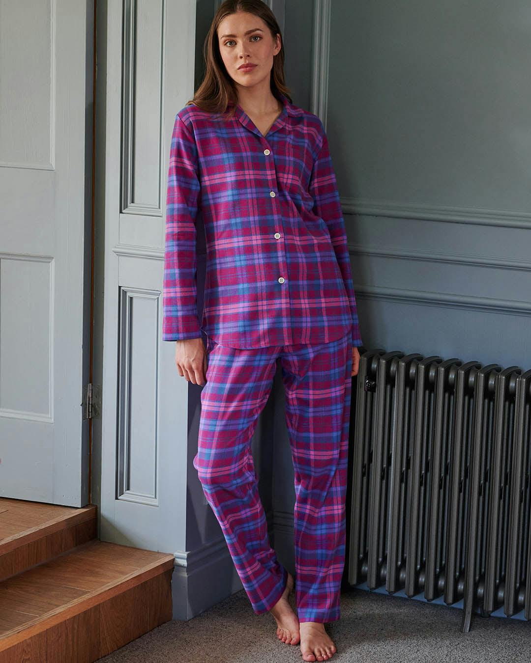 British Boxers Women's Pink Brushed Cotton Pyjama Set – Portree Tartan - XX-Large