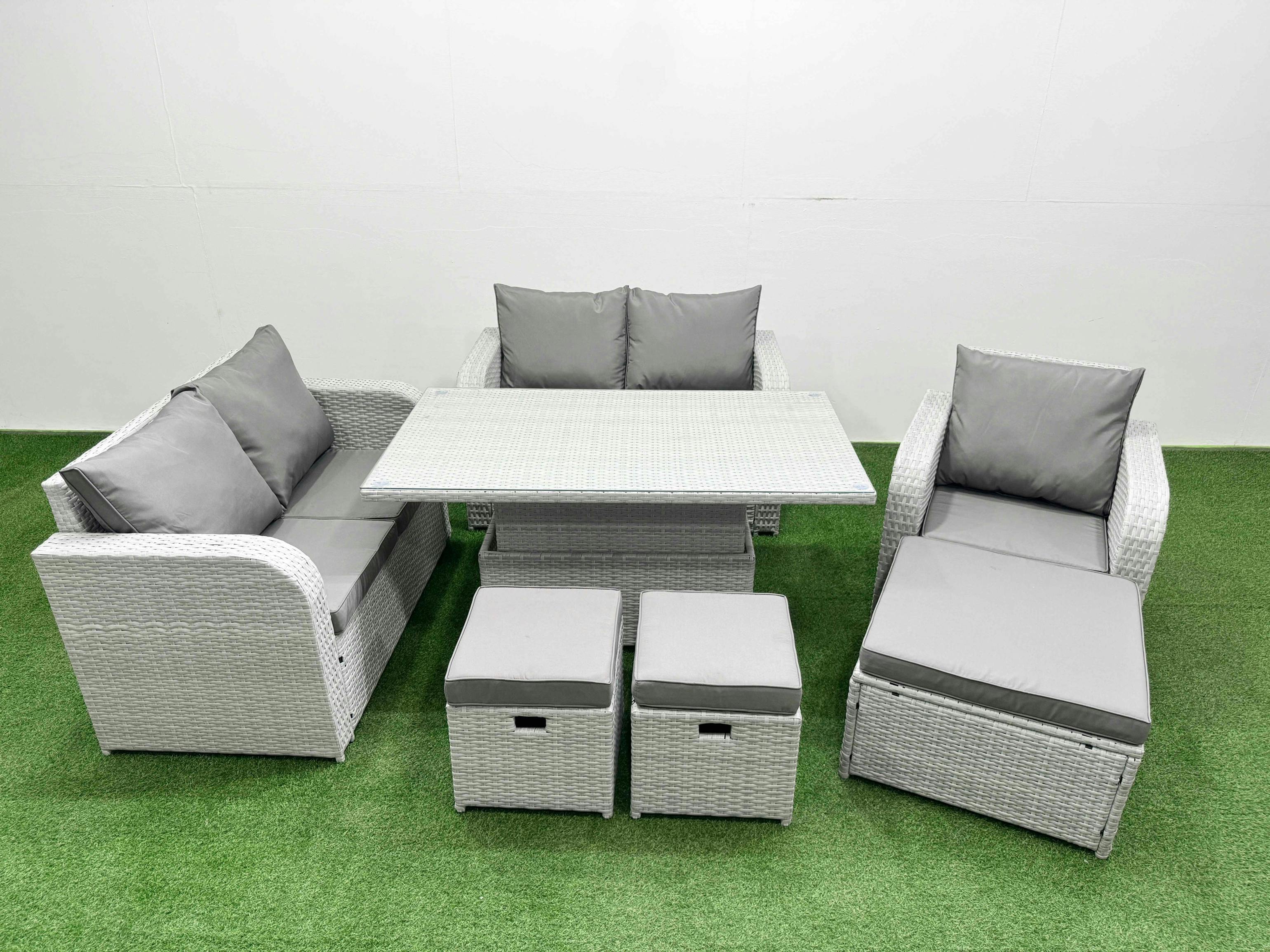 Rackhams Light/Grey High Back Poly Rattan Garden Furniture Set, Adj Height Table, Reclining Loveseat, Indoor Outdoor Patio And 3 Stools,