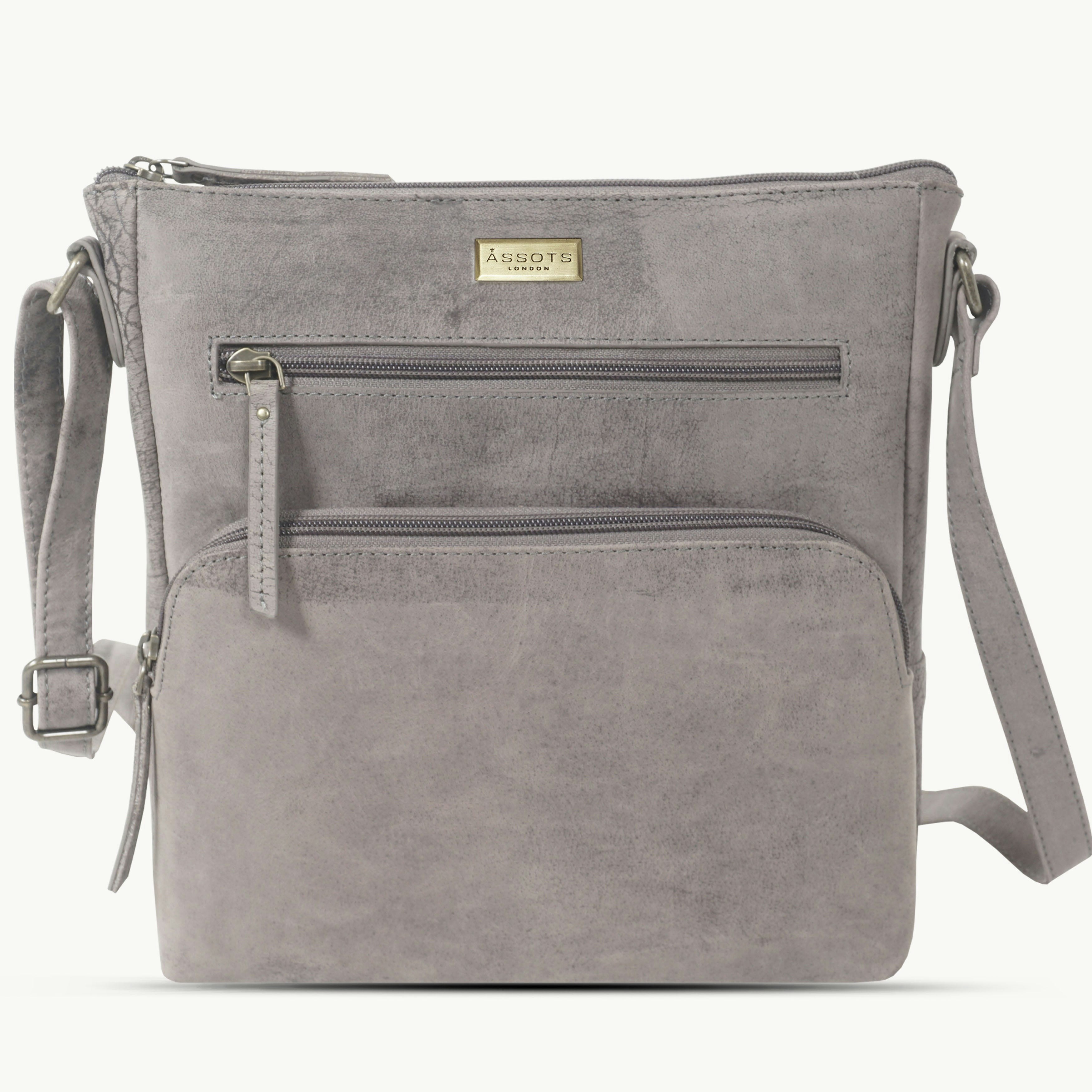 Assots London Grey 'Agatha' Distressed Vintage Vt Real Leather Crossbody Bag 245Cm