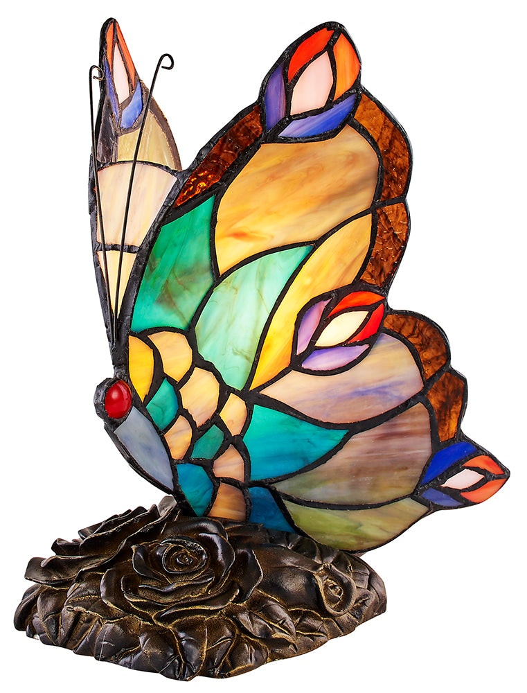 Happy Homewares Bronze Beautiful Handmade Multi-Coloured Glass Butterfly Tiffany Lamp With Base 23Cm