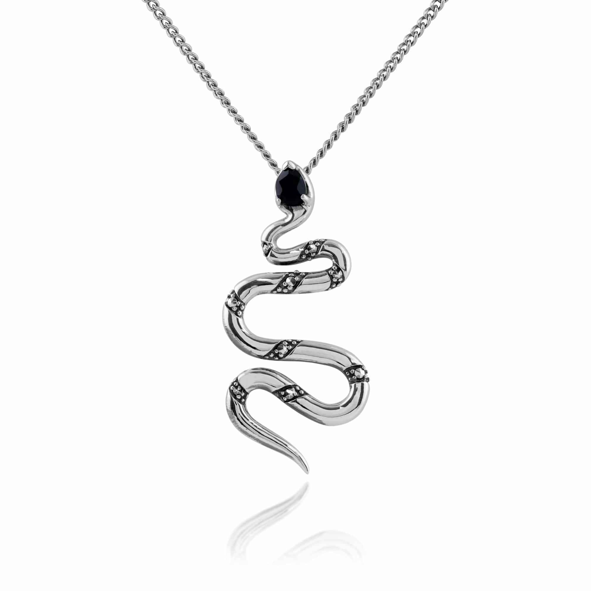 Gemondo Women's Black/Silver Art Deco Style Pear Spinel & Marcasite Snake Necklace In 925 Sterling