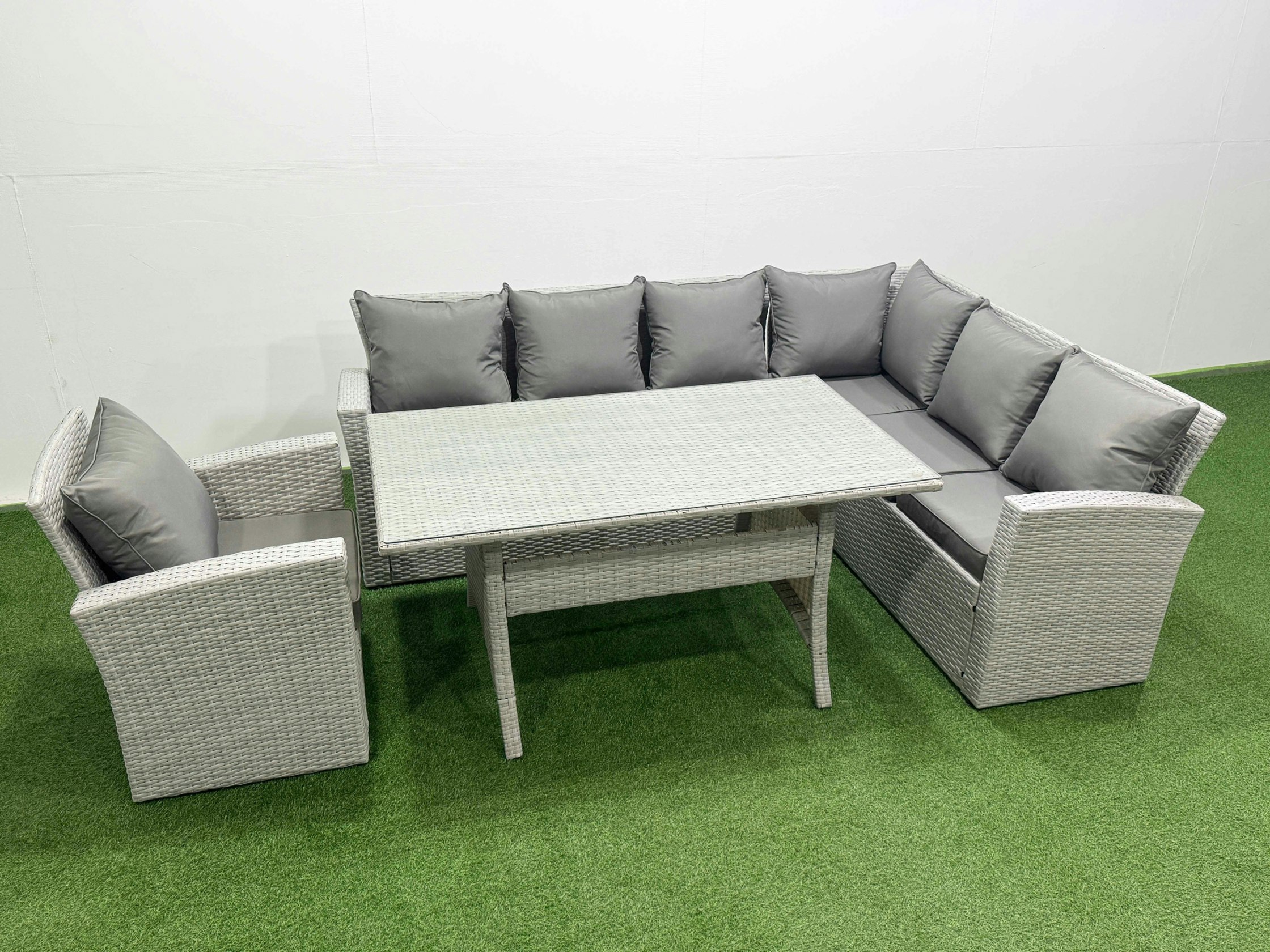 Rackhams Light/Grey Rattan Garden Furniture Set Outdoor 7 Seater Patio Dining Corner Sofa Sets With Dining Table Chair Mixed
