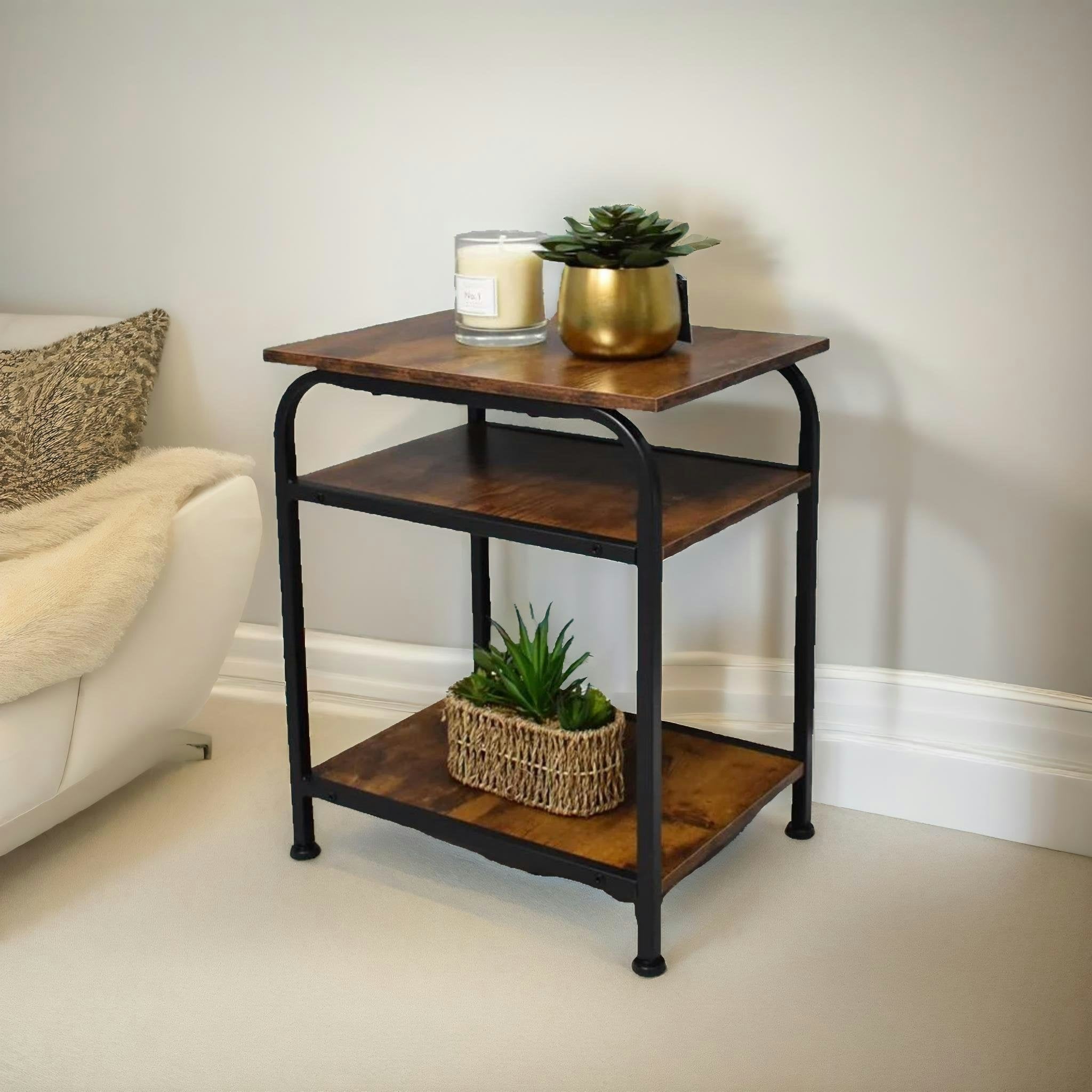 Rackhams Brown 3 Tier Living Room Side Table Rustic