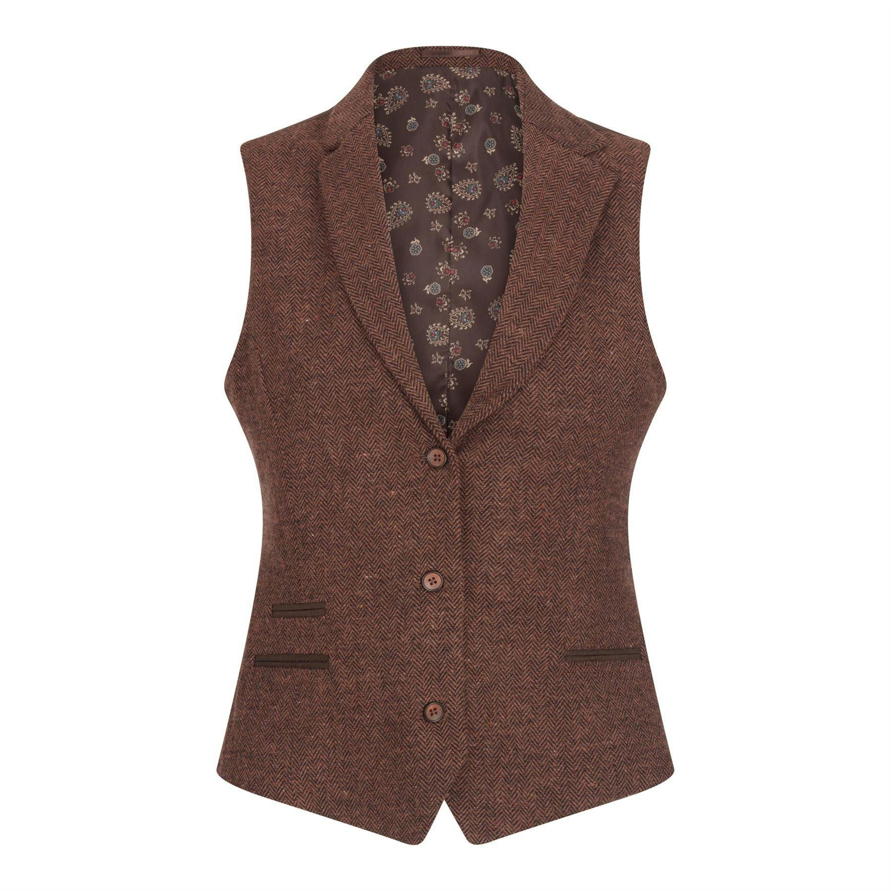 Truclothing Women's Brown Rust Herringbone Wool Tweed Check Waistcoat - Rust - Uk S/10 | Eu 36 | Us 6