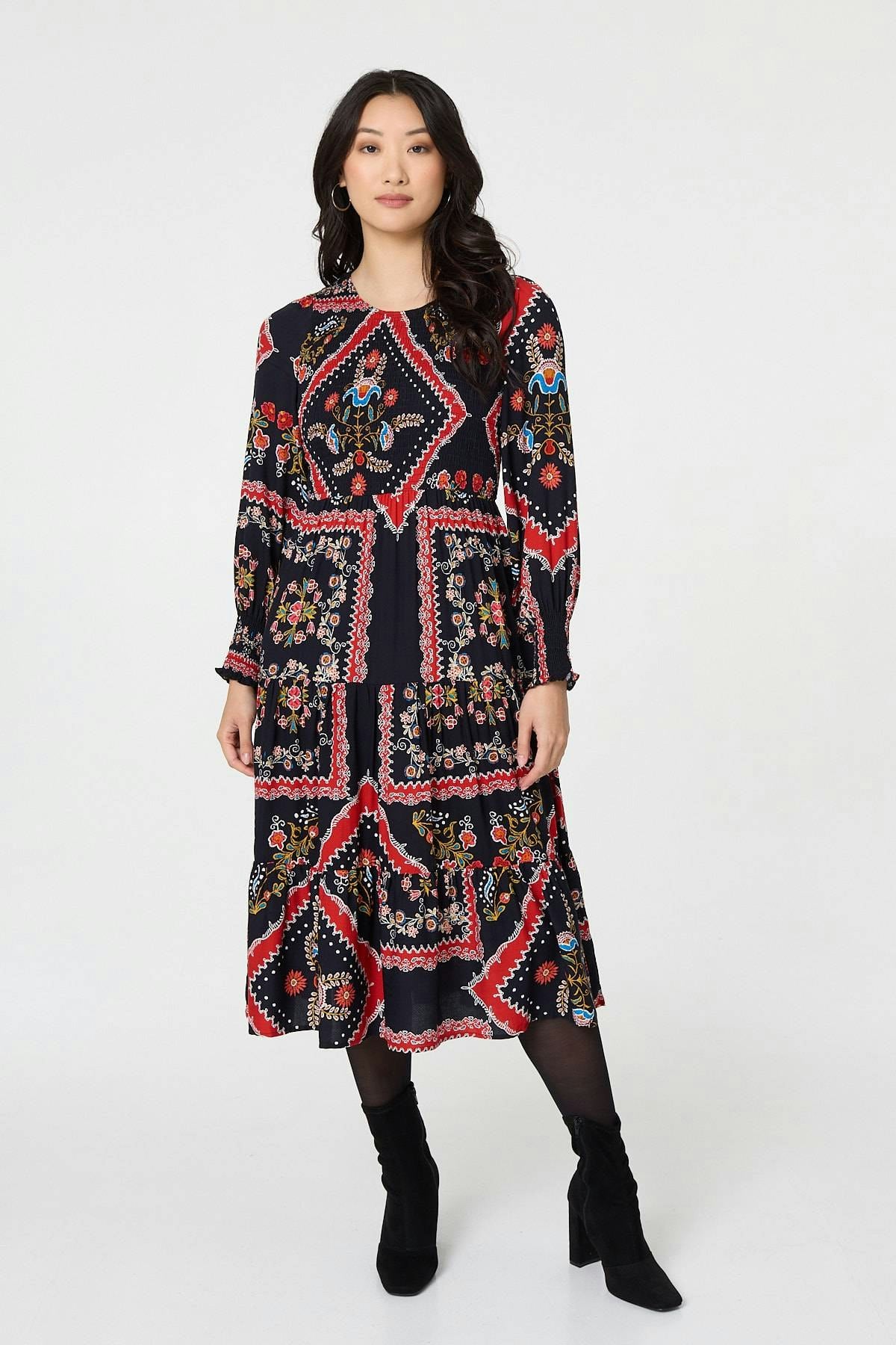 Izabel London Printed Smocked Long Sleeve Midi Dress - 12 - Navy