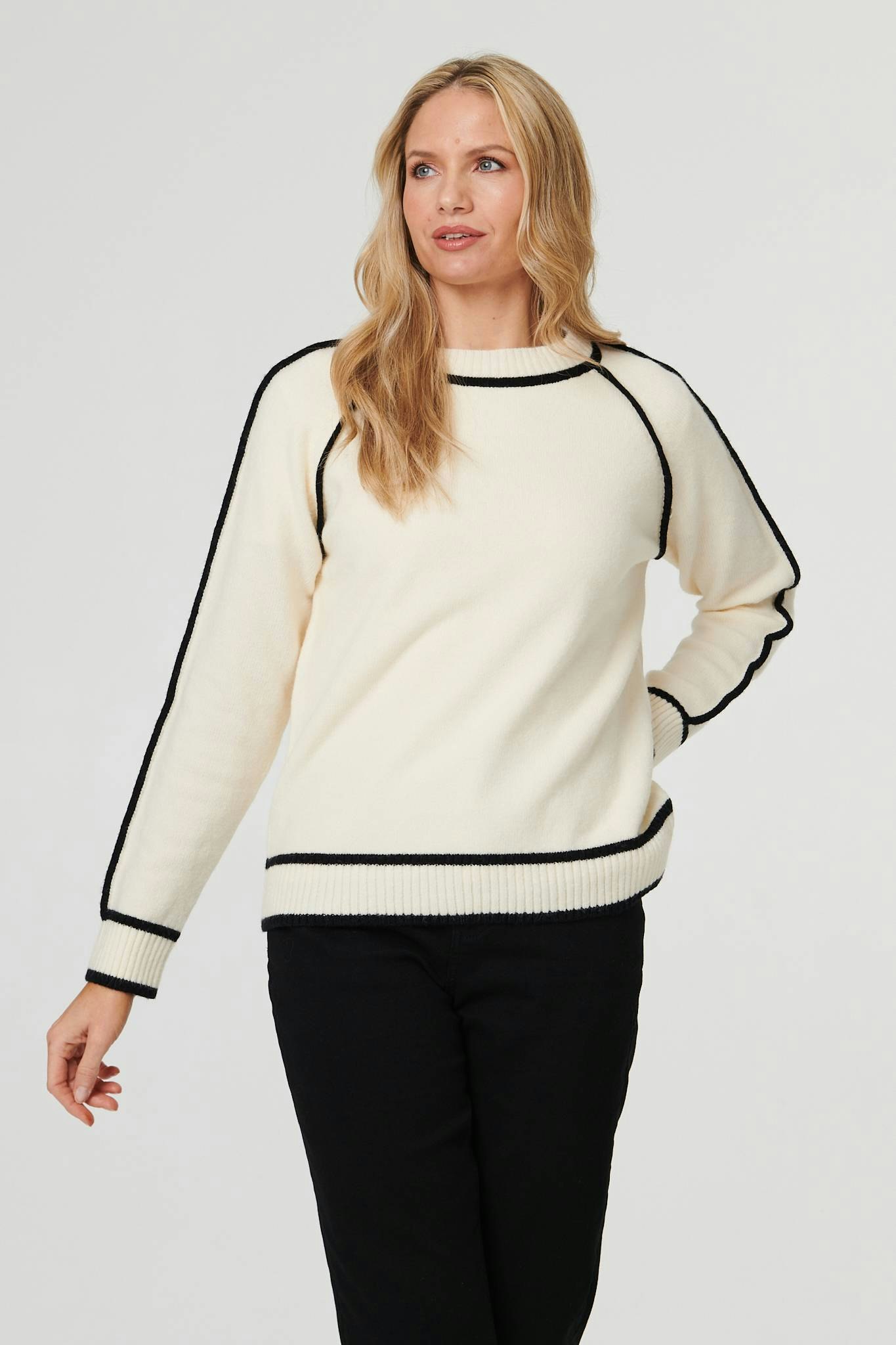 Izabel London Cream Contrast Trim Long Sleeve Jumper - 16