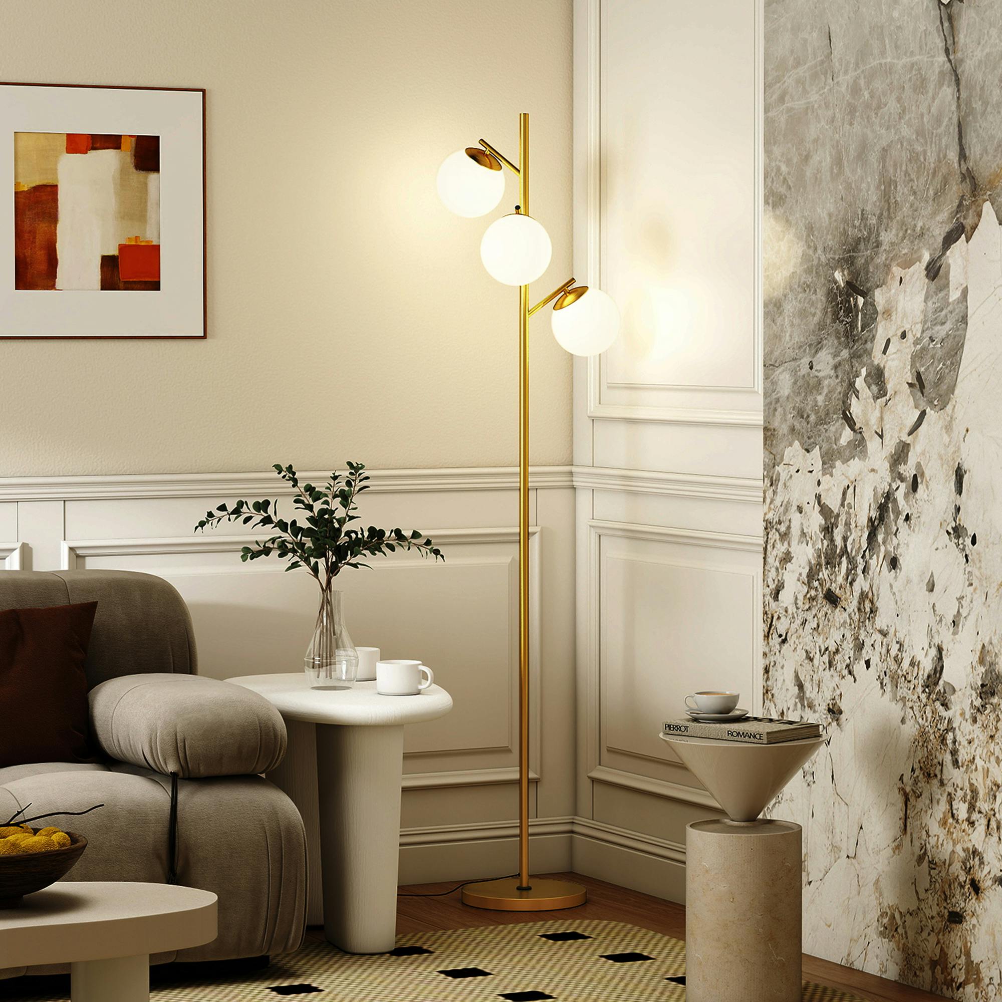 Rackhams Light/Silver/Gold Modern Tree Floor Lamp With 3 For Living Room Bedroom, - White