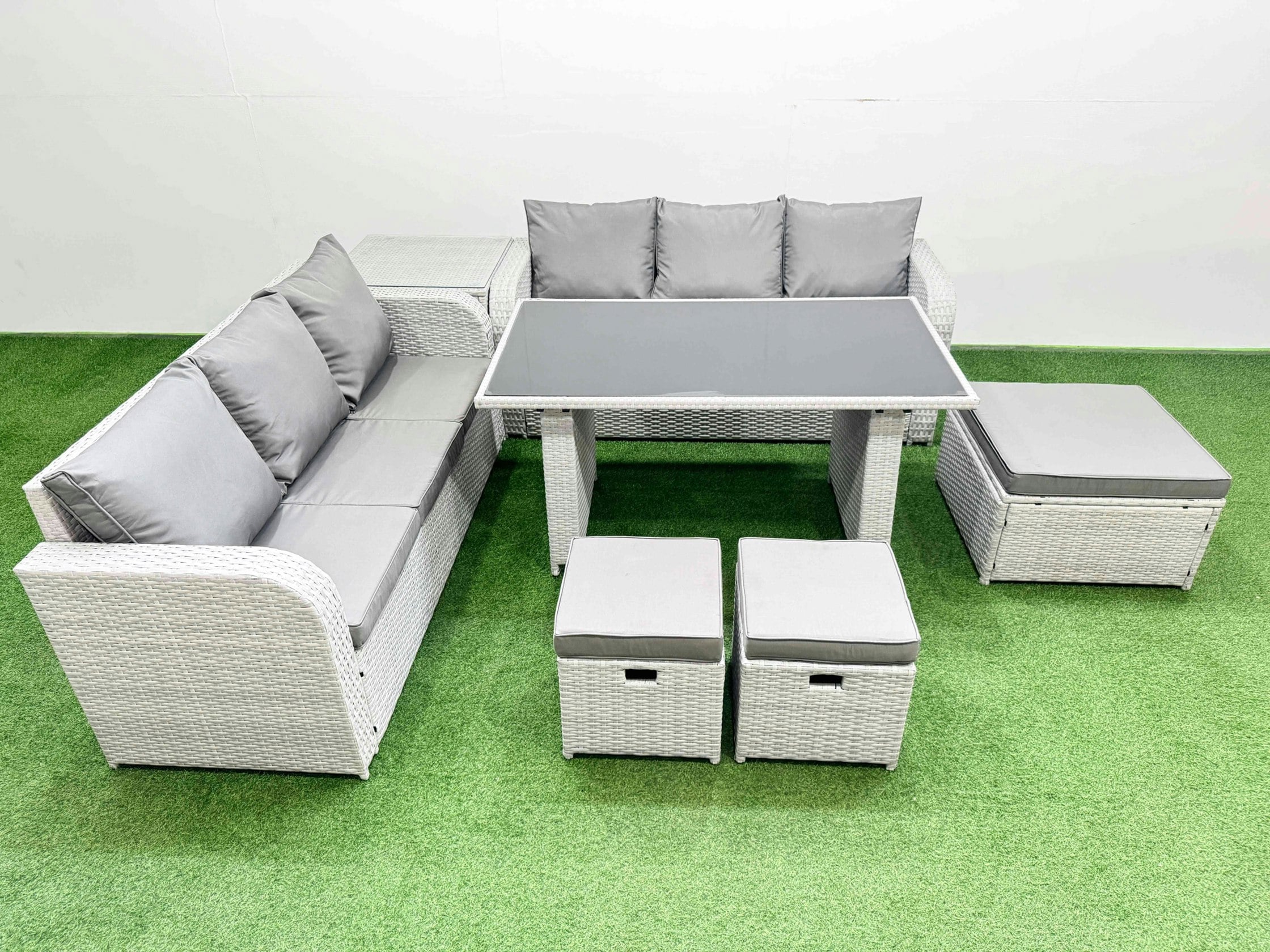 Rackhams Light/Grey 9 Seater Rattan Outdoor Dining Table 3 Seater Sofa Set With Side Table 3 Stools