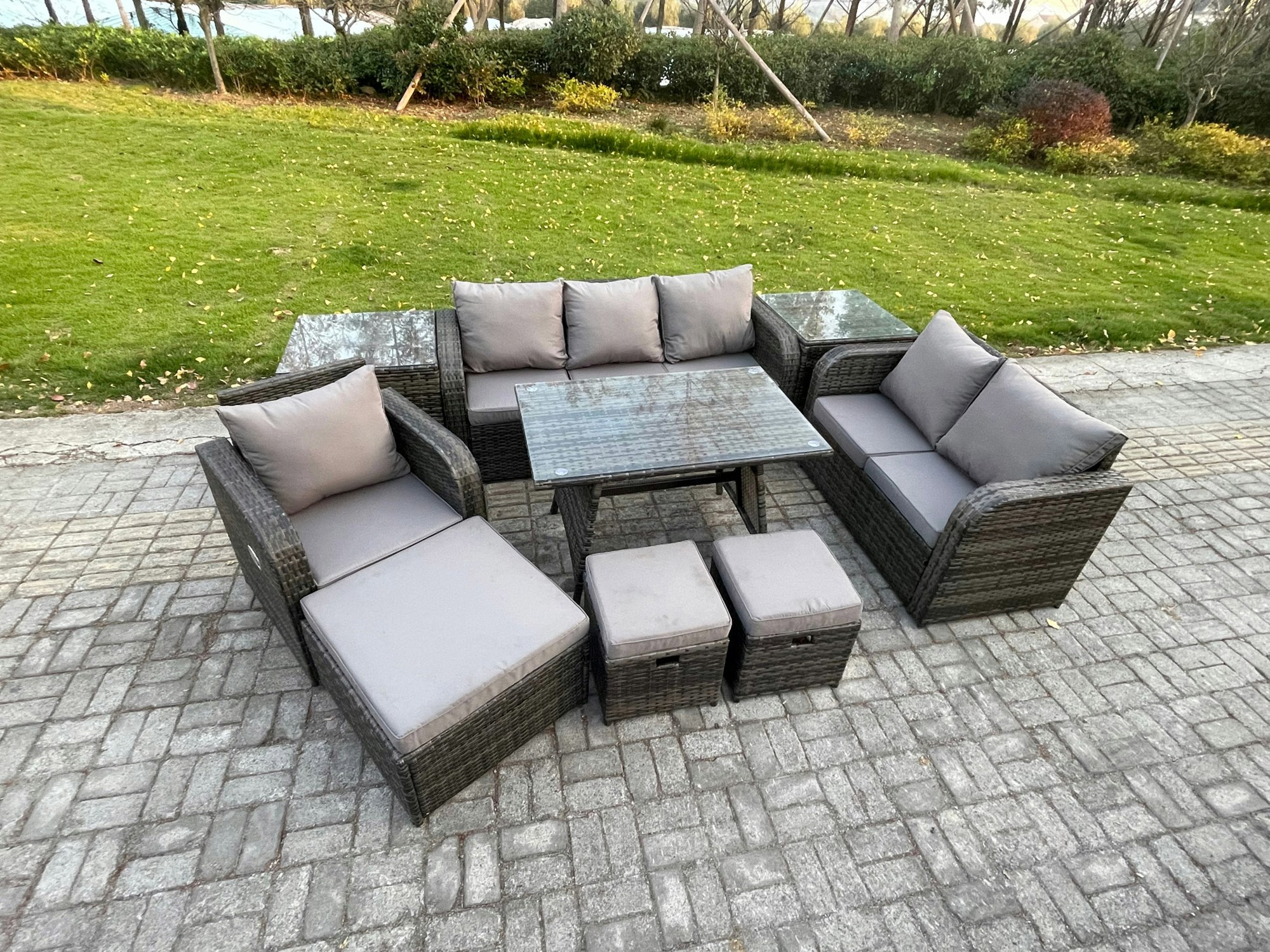 Fimous Dark/Grey 9 Pcs Outdoor Lounge Sofa Set Wicker Pe Rattan Garden Furniture Set With Rectangular Dining Table Armchair 3 Footstools Mixed