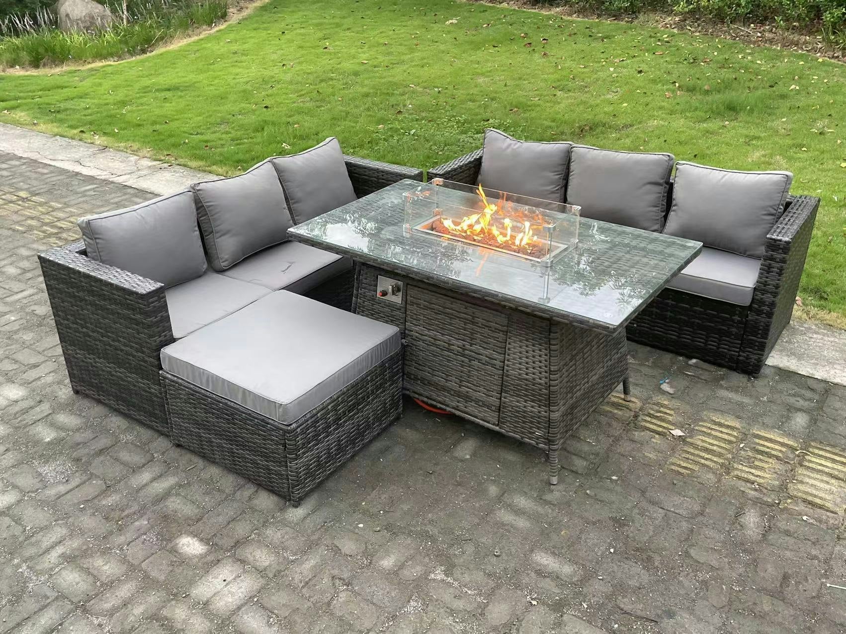 Rackhams Dark/Grey Outdoor Rattan Garden Furniture Sofa Set Gas Fire Pit Dining Table Gas Heater Burner With 3 Seater Sofa Big Footstool 7 Seater Mixed