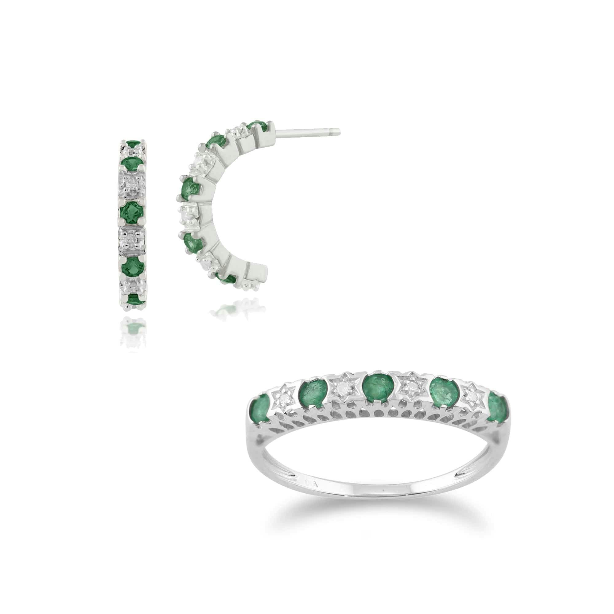 Gemondo White/Gold Classic Round Emerald & Diamond Half Hoop Earrings & Half Eternity Ring Set In 9Ct - L