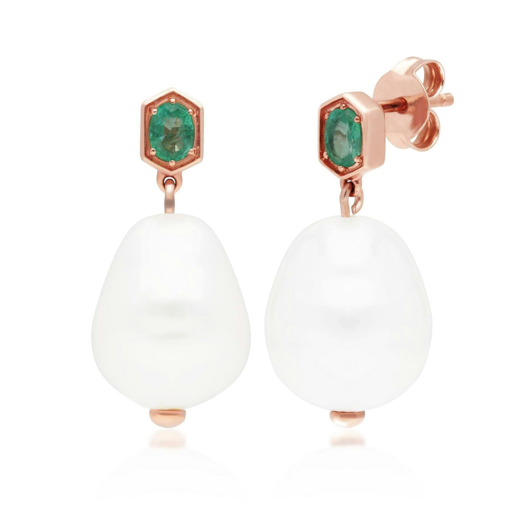 Gemondo Gold/Silver Modern Baroque Pearl & Emerald Drop Earrings In Rose Plated