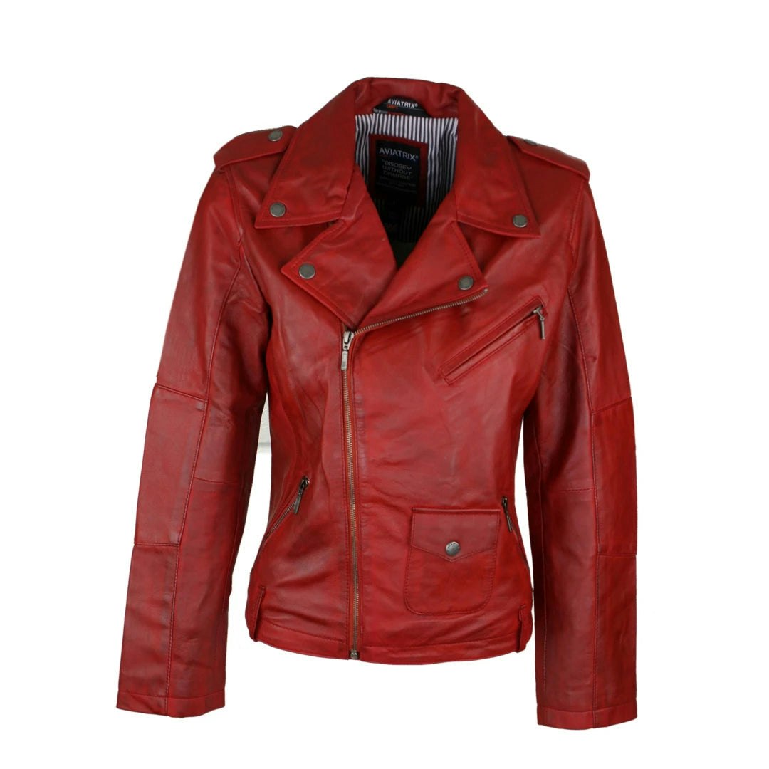 Aviatrix Women's Red Soft Leather Biker Jacket - Uk 16