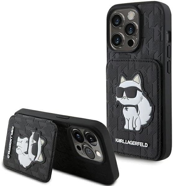Karl Lagerfeld Black Saffiano Card Slots With Stand Monogram Choupette Case For Iphone 15 Pro 6.1" - Klhcp15lsakcnsck