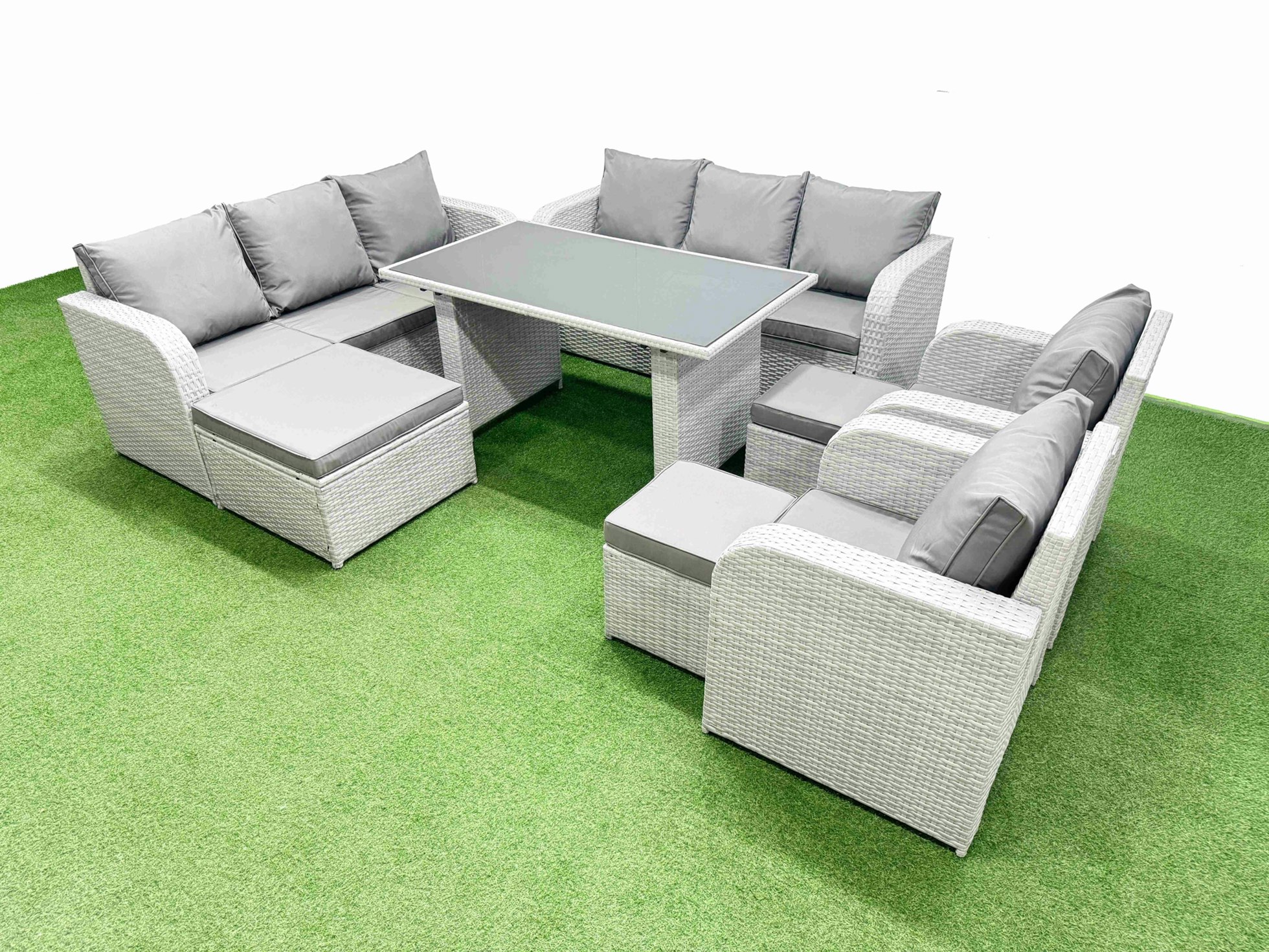 Rackhams Light/Grey 11 Seater Wicker Pe Rattan Furniture Outdoor Dining Table 3 Seater Sofa Reclining Chair Set With 3 Stools