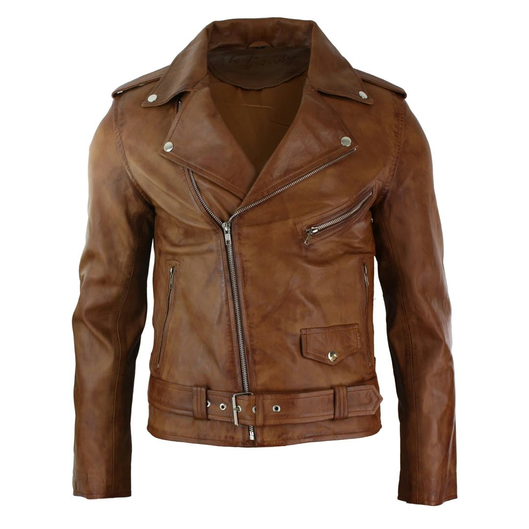 Infinity Leather Men's Brown Leather Company Cross Zip Tan Brando Soft Leather Jacket - 5XL