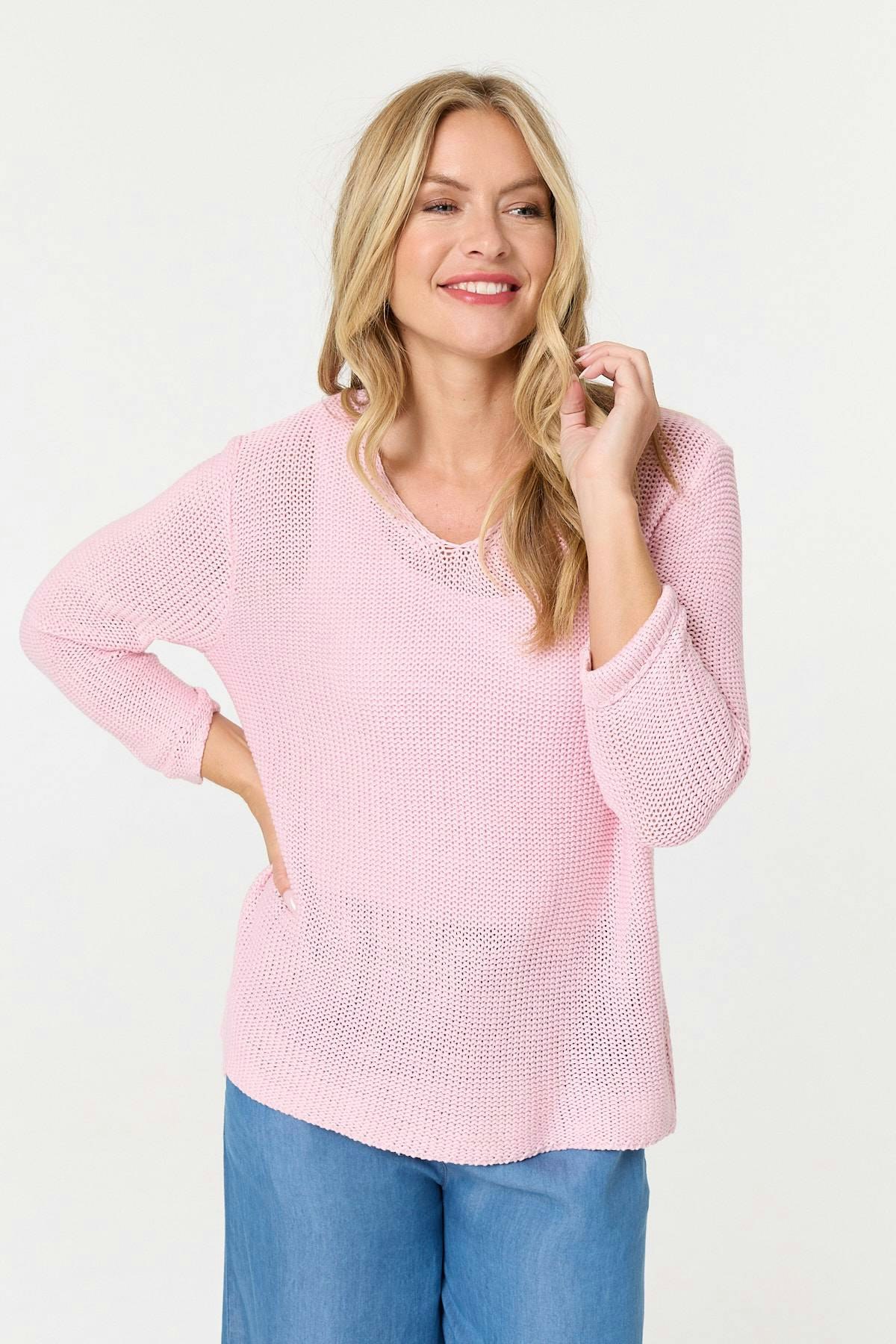 Izabel London Pink Mesh Texture 3/4 Sleeve Relaxed Top - 12/14