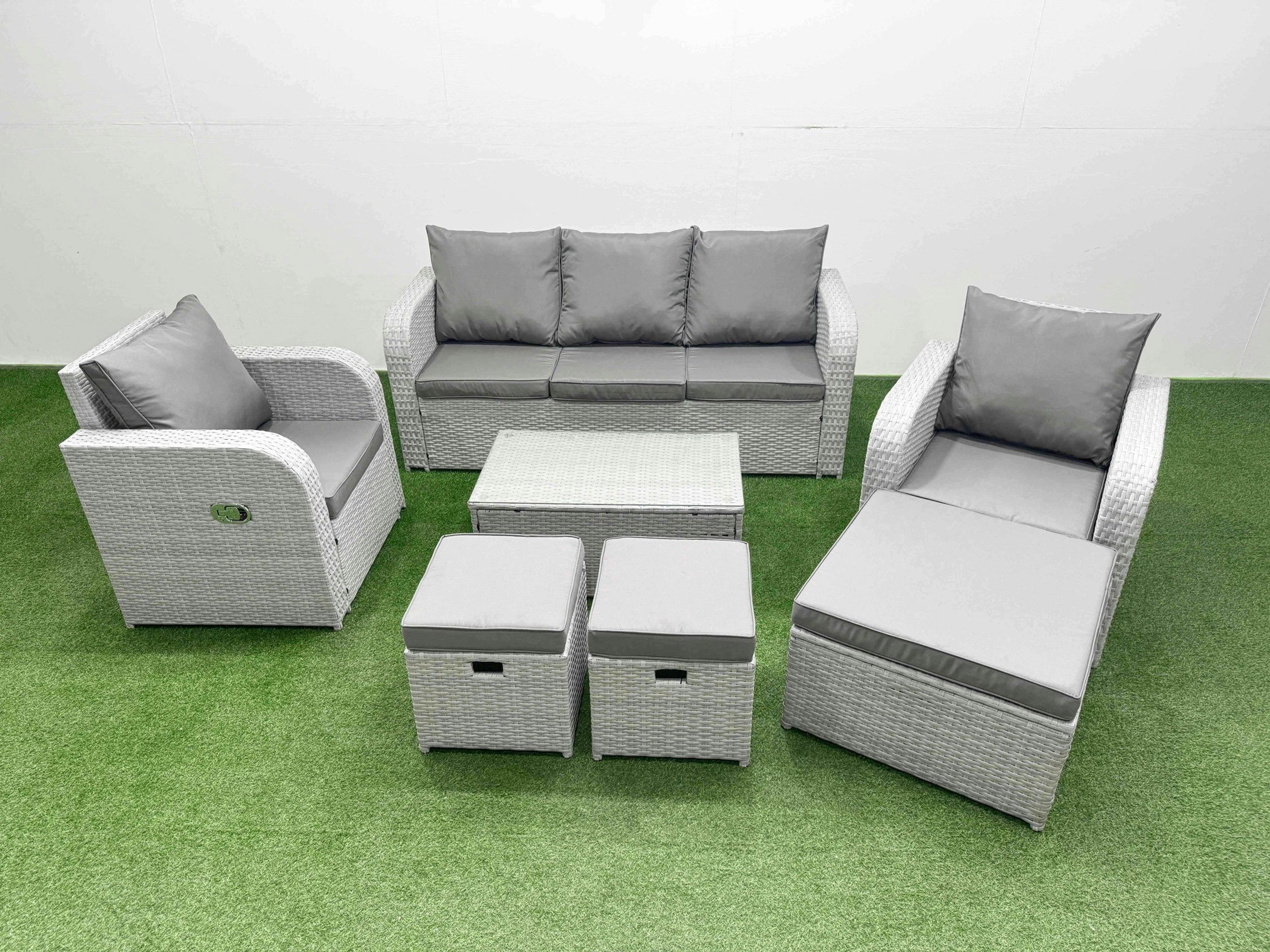 Fimous Light/Grey Pe Rattan Garden Furniture Set Reclining Chair Sofa Lounge Sofa Set Oblong Coffee Table 3 Stools