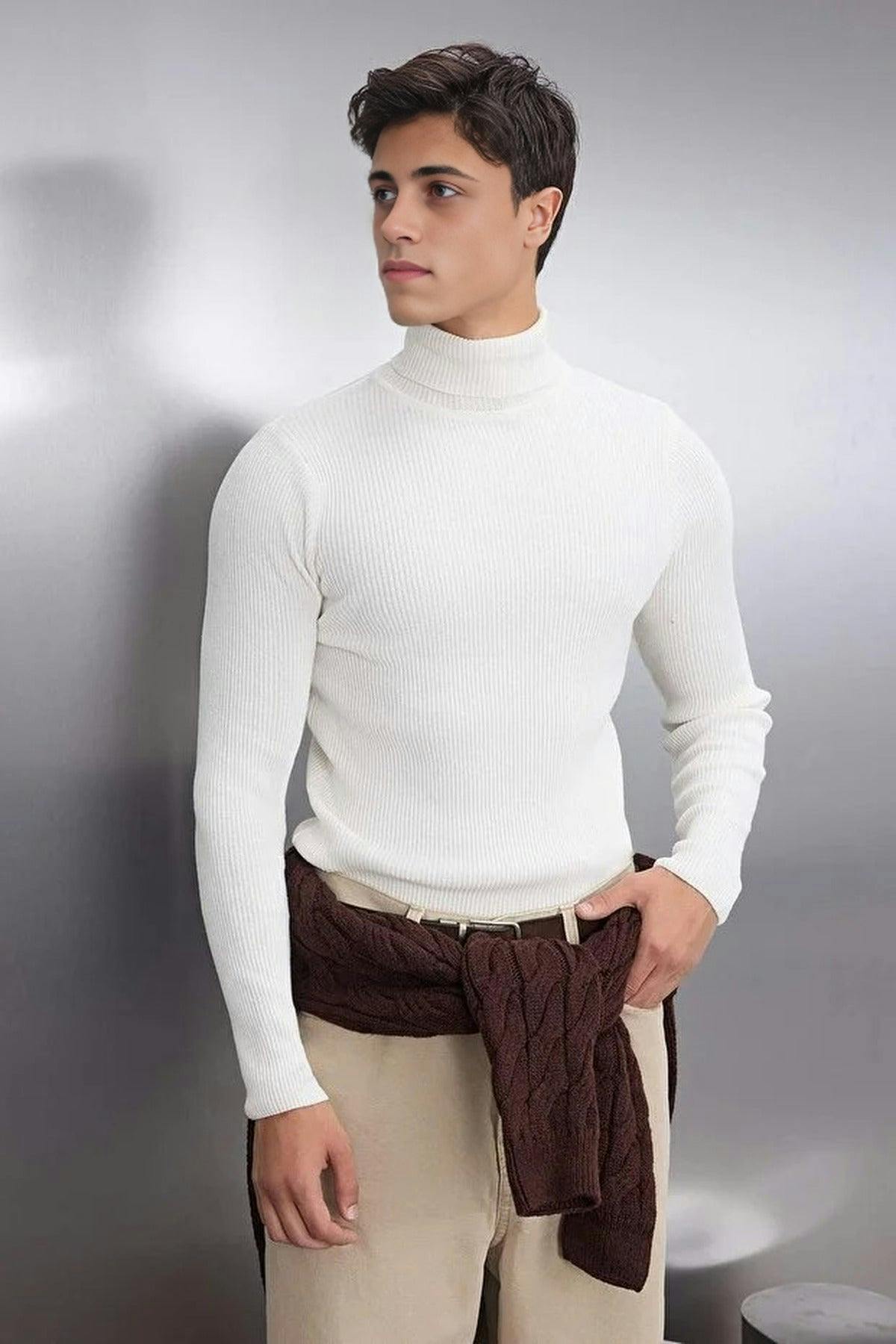 Wovcor Men's Slim Fit Turtleneck Ribbed Knit Sweater - Ecru - L
