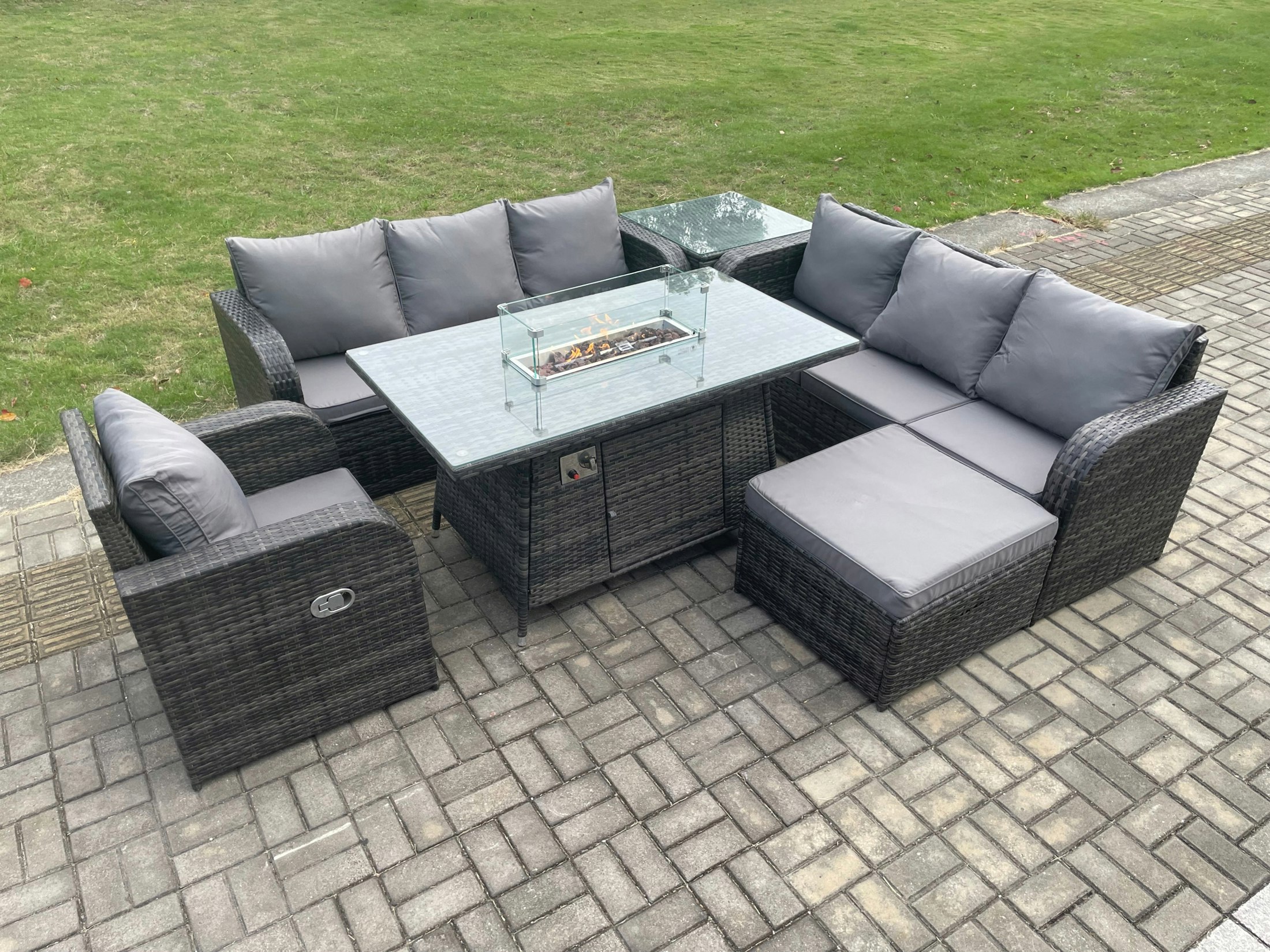 Fimous Dark/Grey 8-Seater Rattan Outdoor Gas Fire Pit Dining Set | Rectangle Table, Reclining Chair, 3-Seater Sofa, Footstool, Side Table